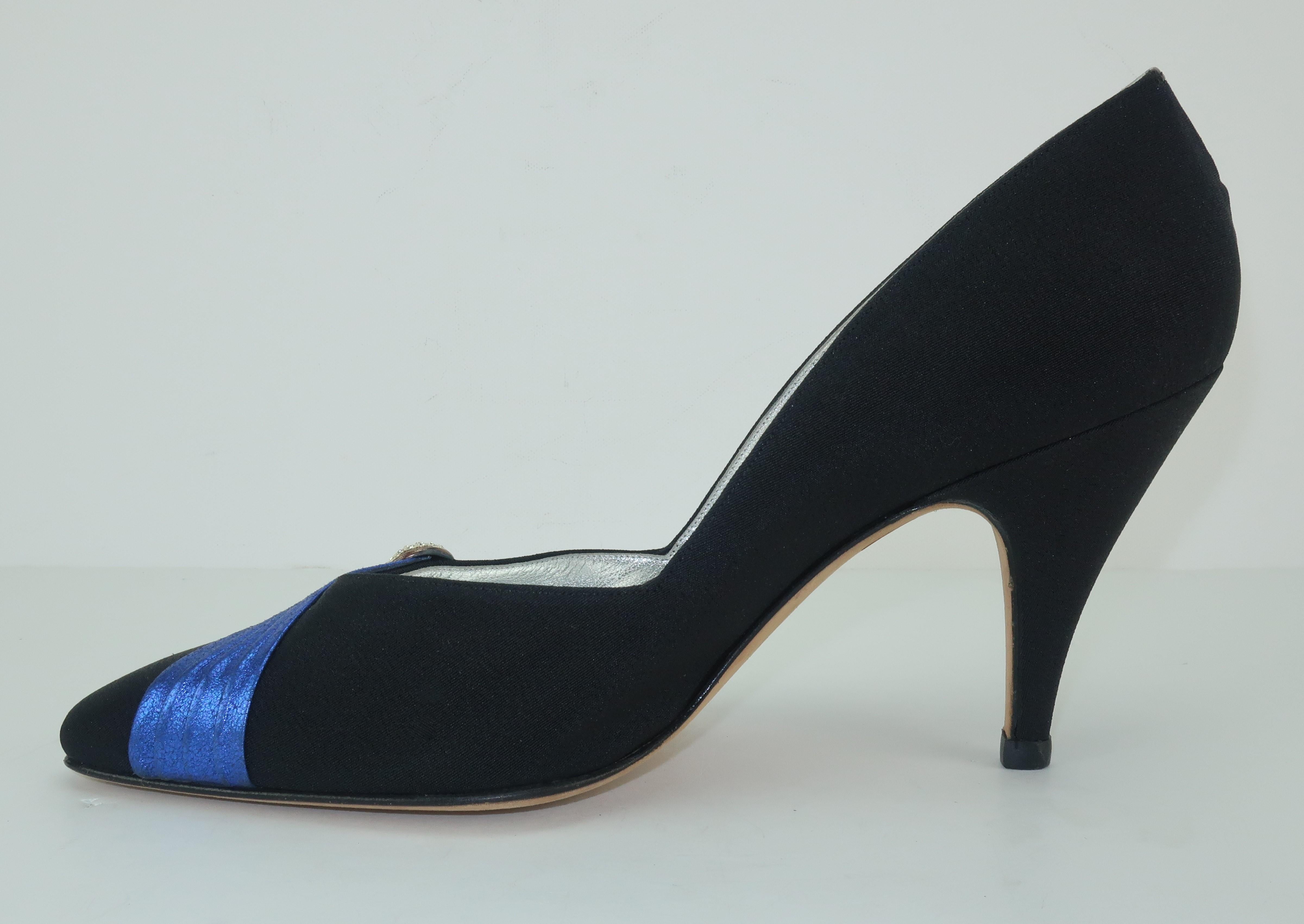 C.1980 Gucci Black Fabric Evening Shoes With Metallic Blue Sash & Rhinestones 2