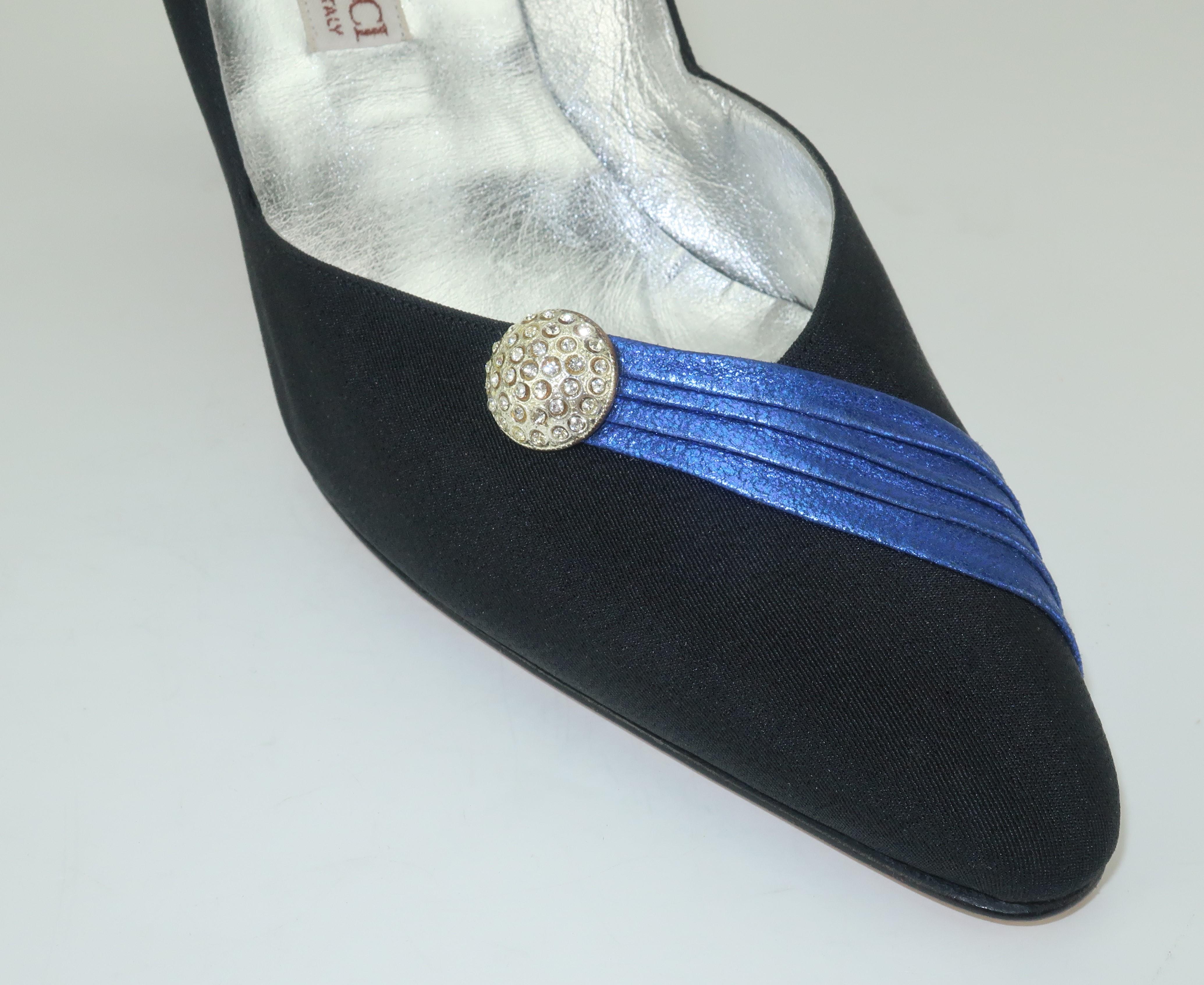 C.1980 Gucci Black Fabric Evening Shoes With Metallic Blue Sash & Rhinestones 1