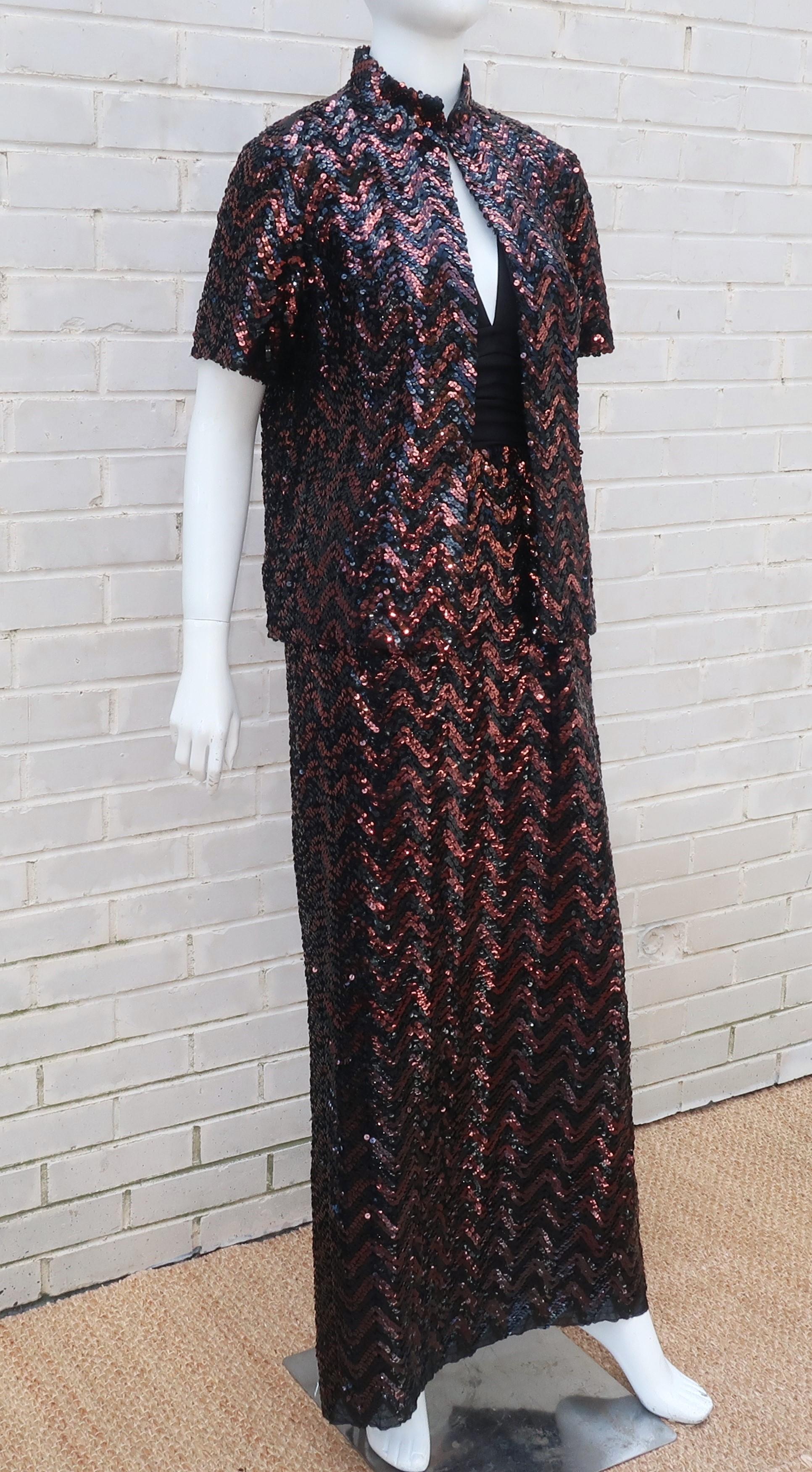 C.1970 Miss Elliette Black & Bronze Brown Sequin Halter Dress With Jacket In Excellent Condition In Atlanta, GA