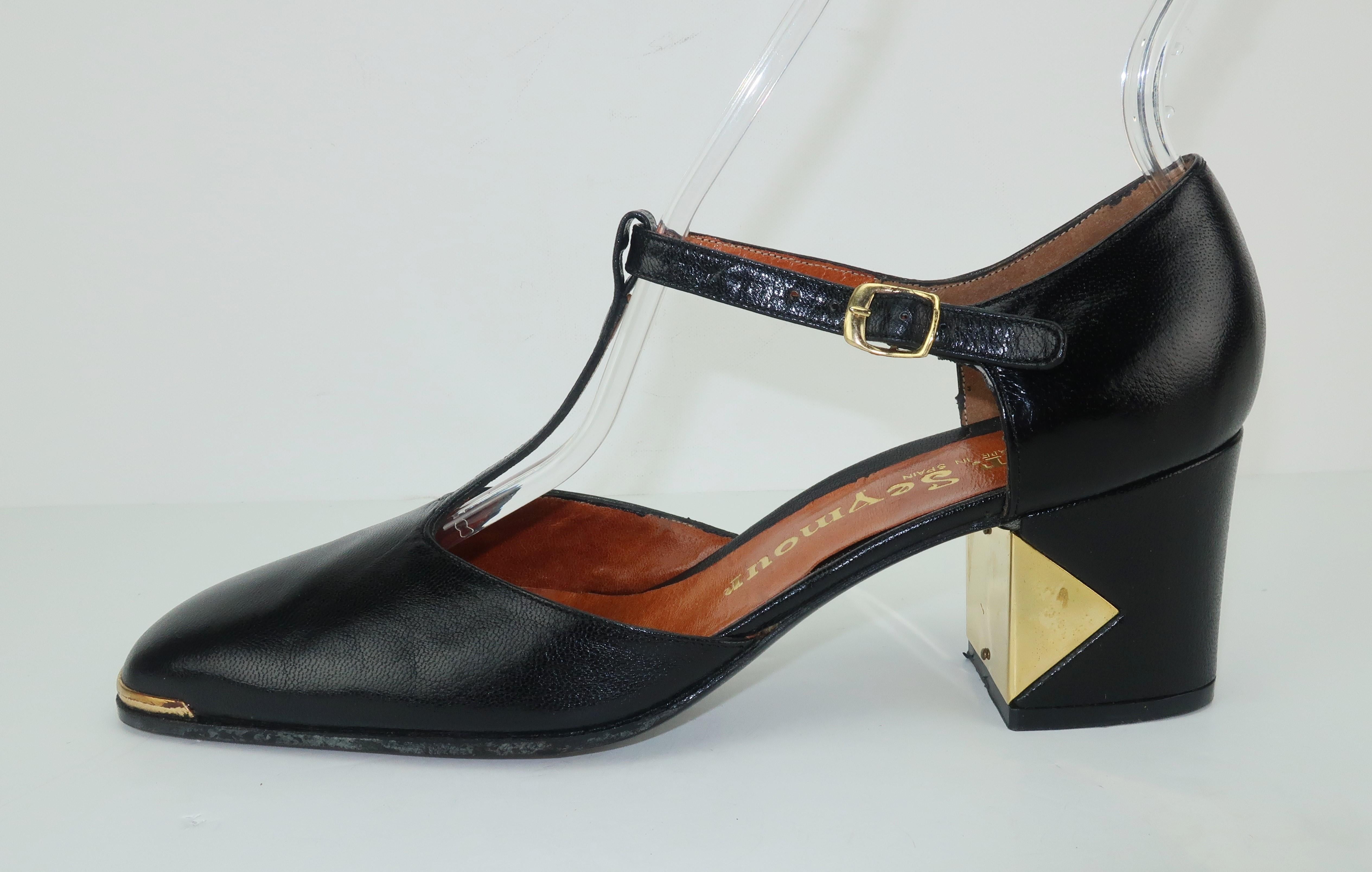 Women's 1970's Mr. Seymour Black Leather T-Strap Shoes With Gold Metal Details 7 AA