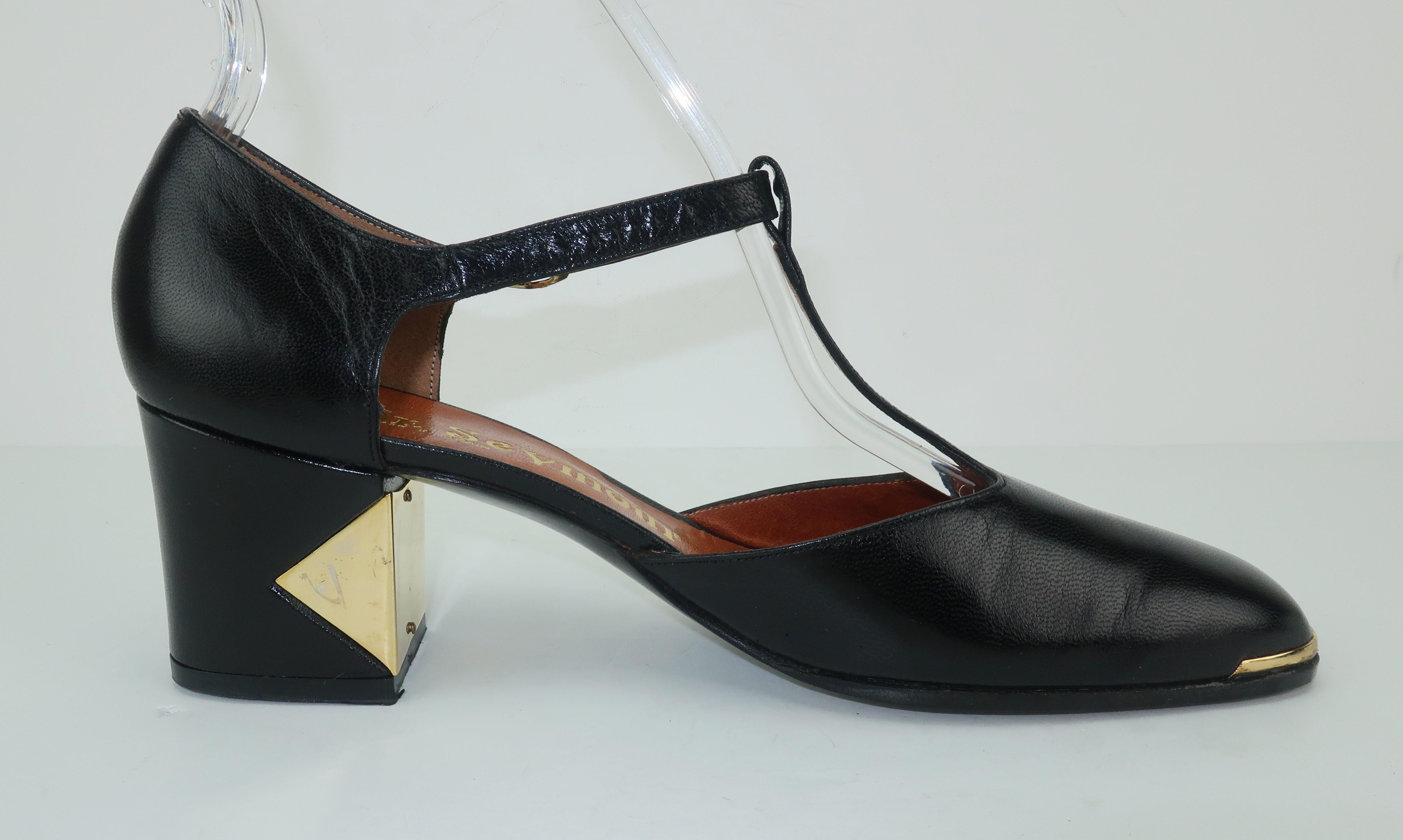 1970's Mr. Seymour Black Leather T-Strap Shoes With Gold Metal Details 7 AA 1