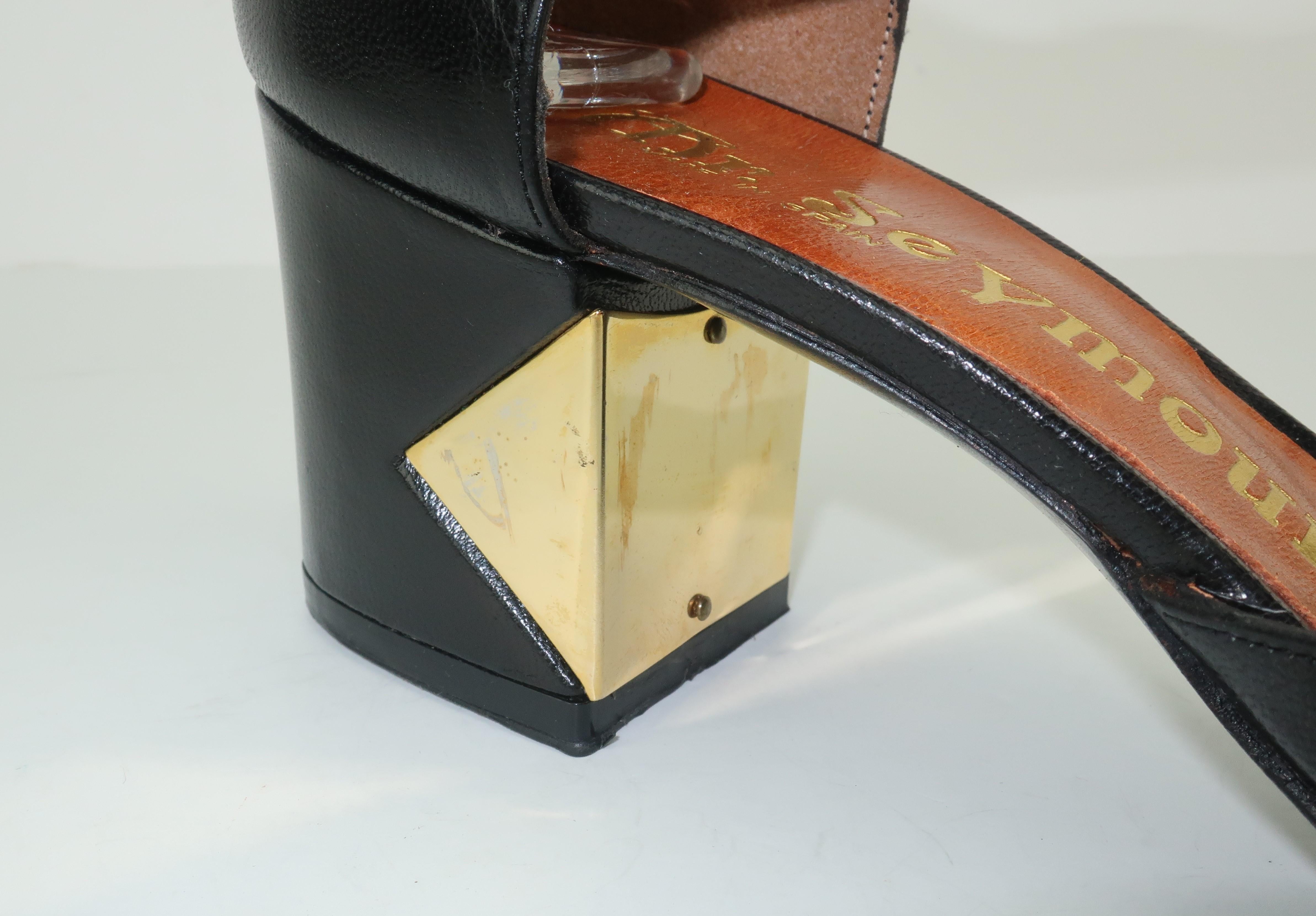 1970's Mr. Seymour Black Leather T-Strap Shoes With Gold Metal Details 7 AA 3