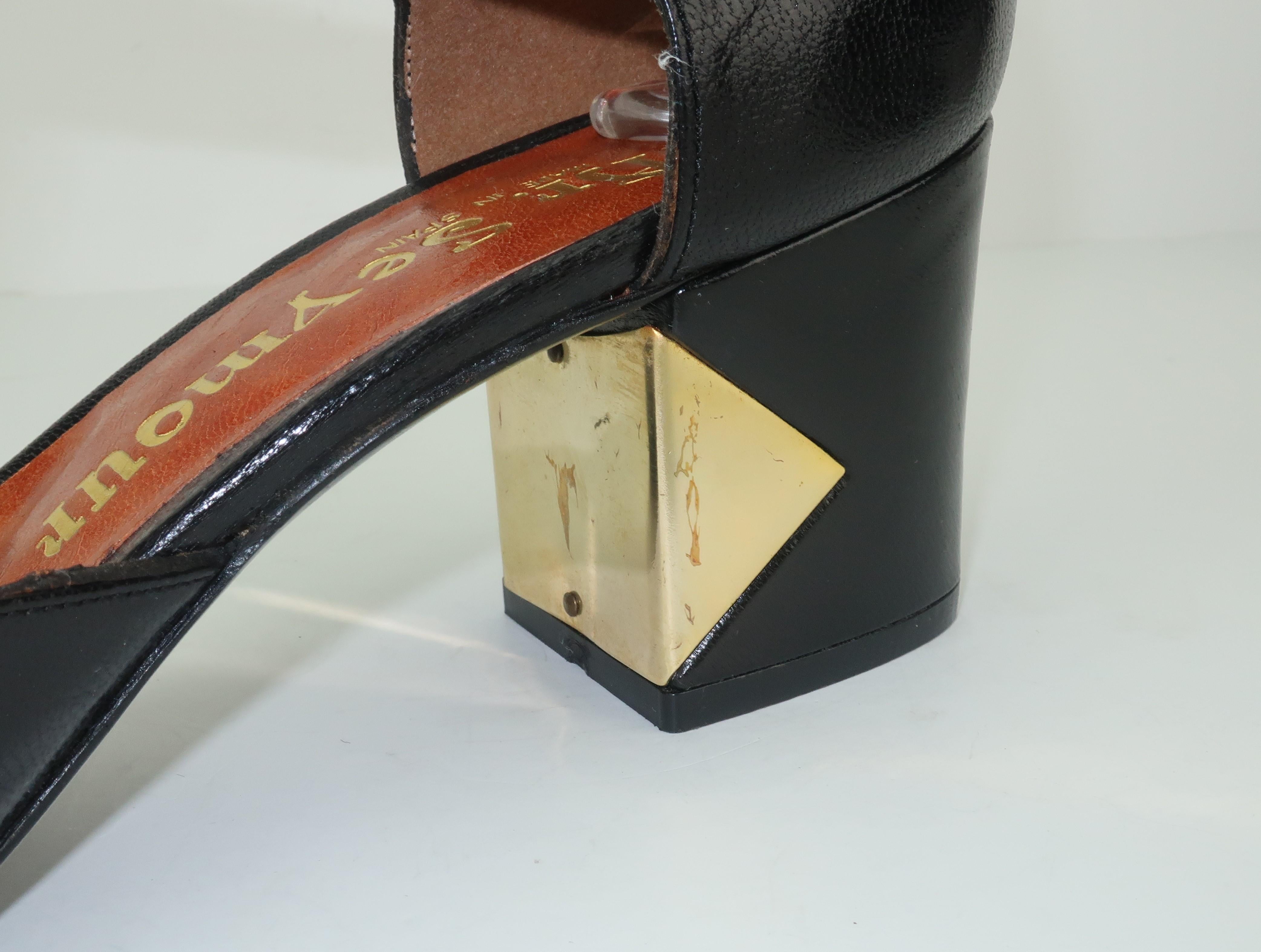 1970's Mr. Seymour Black Leather T-Strap Shoes With Gold Metal Details 7 AA 4
