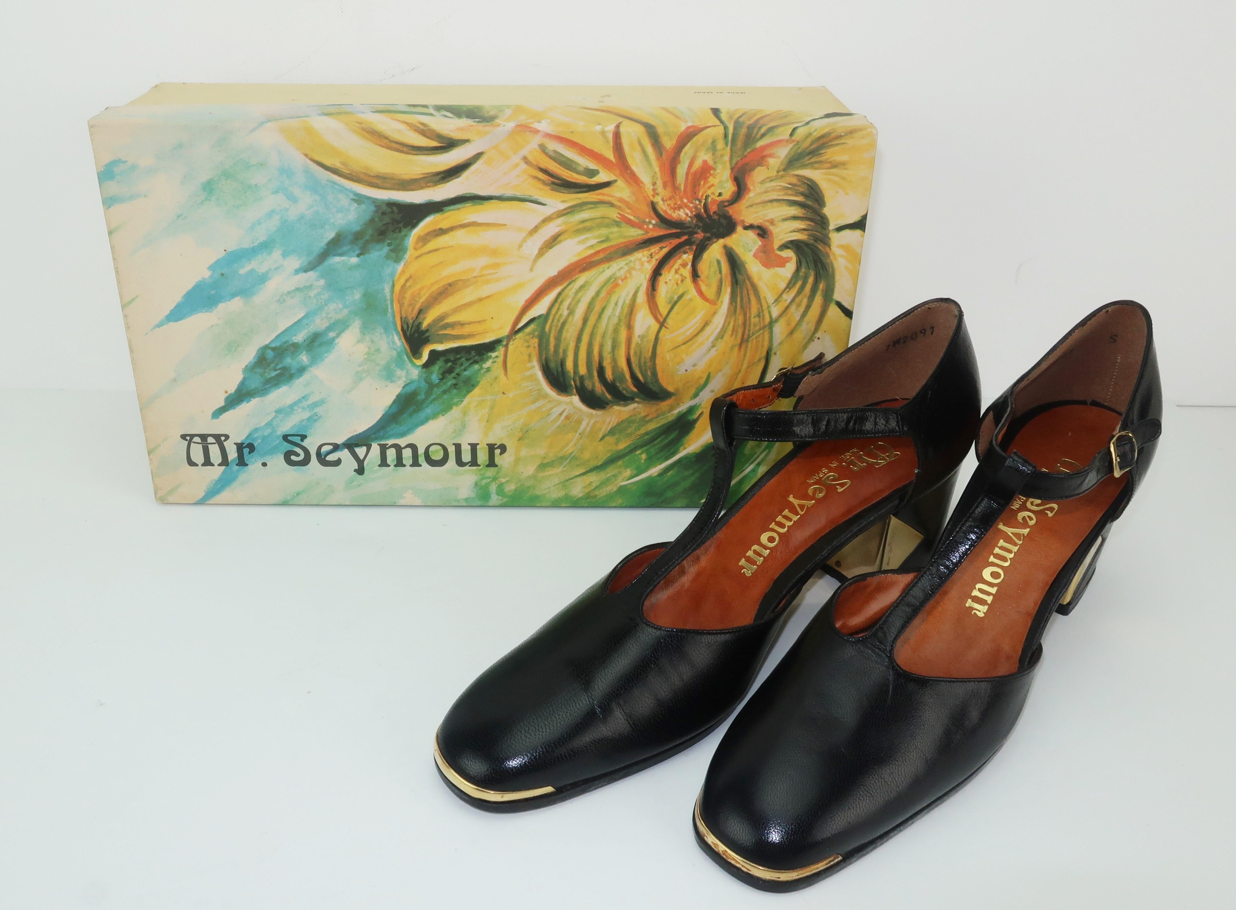 1970's Mr. Seymour Black Leather T-Strap Shoes With Gold Metal Details 7 AA 5