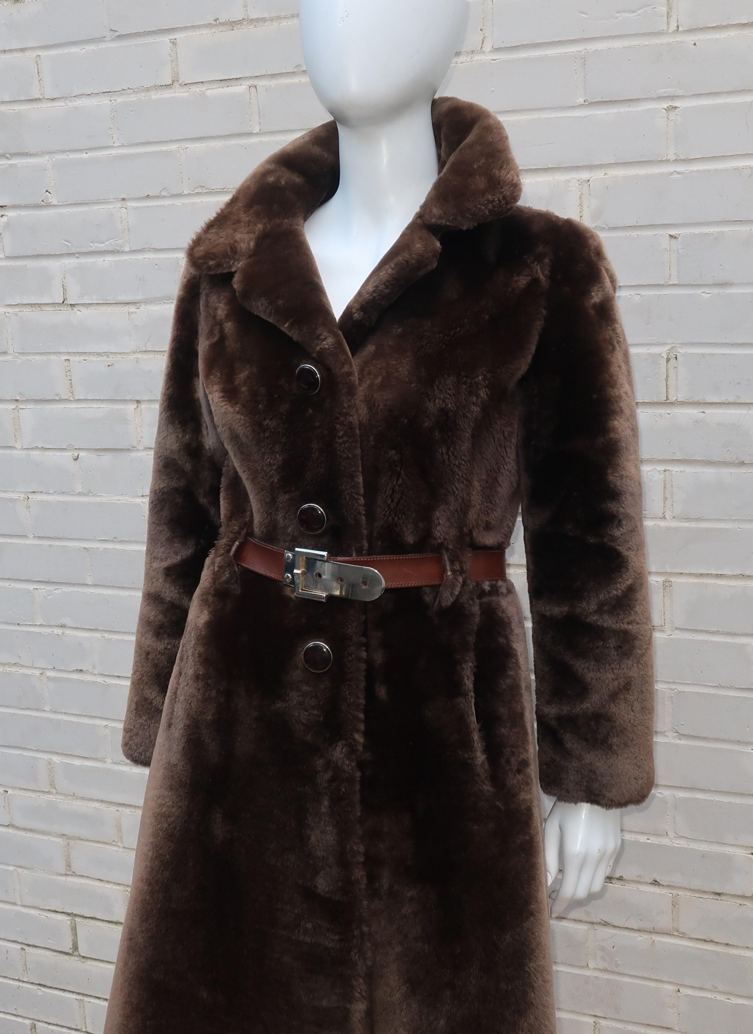 1960's Revillon Brown Mouton Sheepskin Belted Coat With Fur Trim In Good Condition In Atlanta, GA
