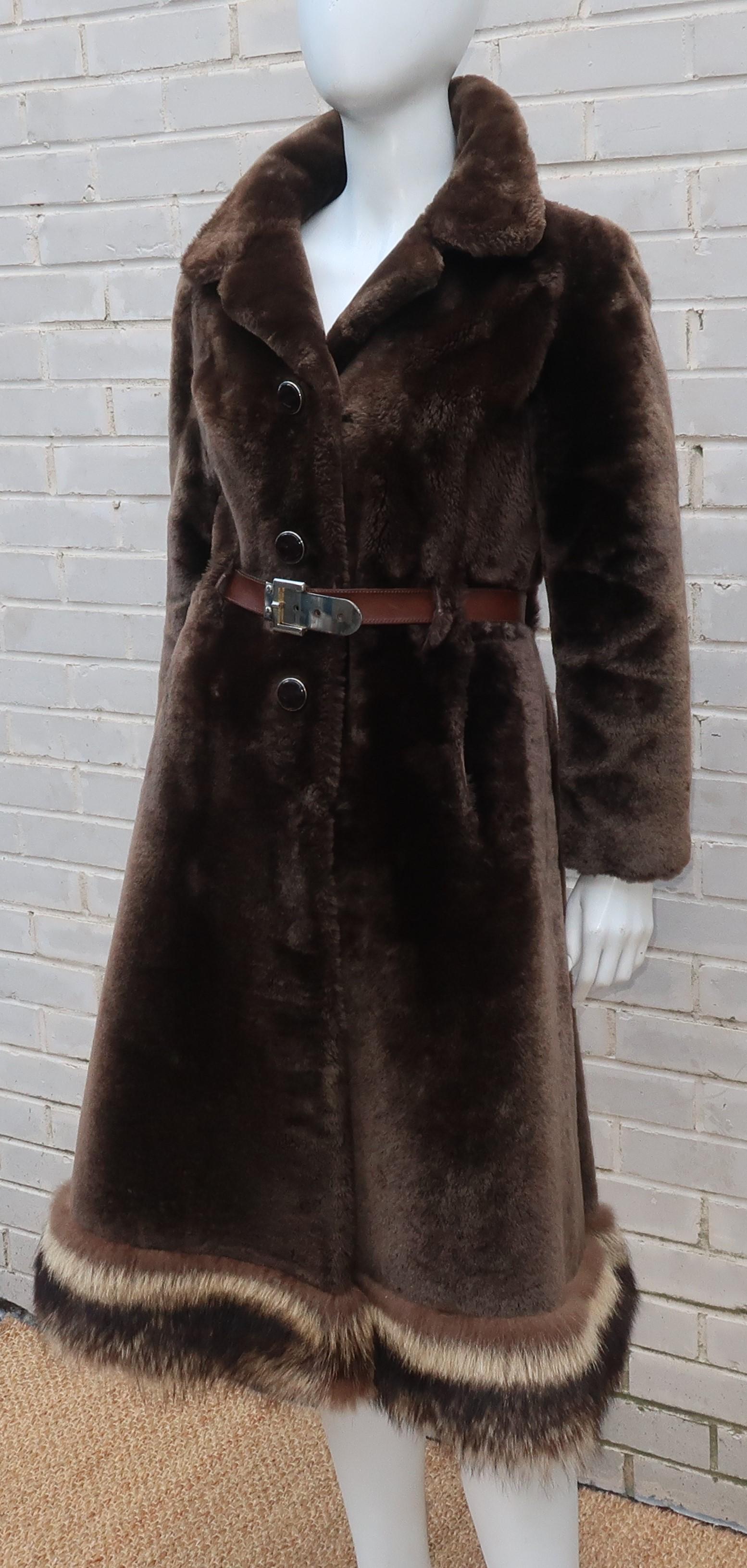 Women's 1960's Revillon Brown Mouton Sheepskin Belted Coat With Fur Trim