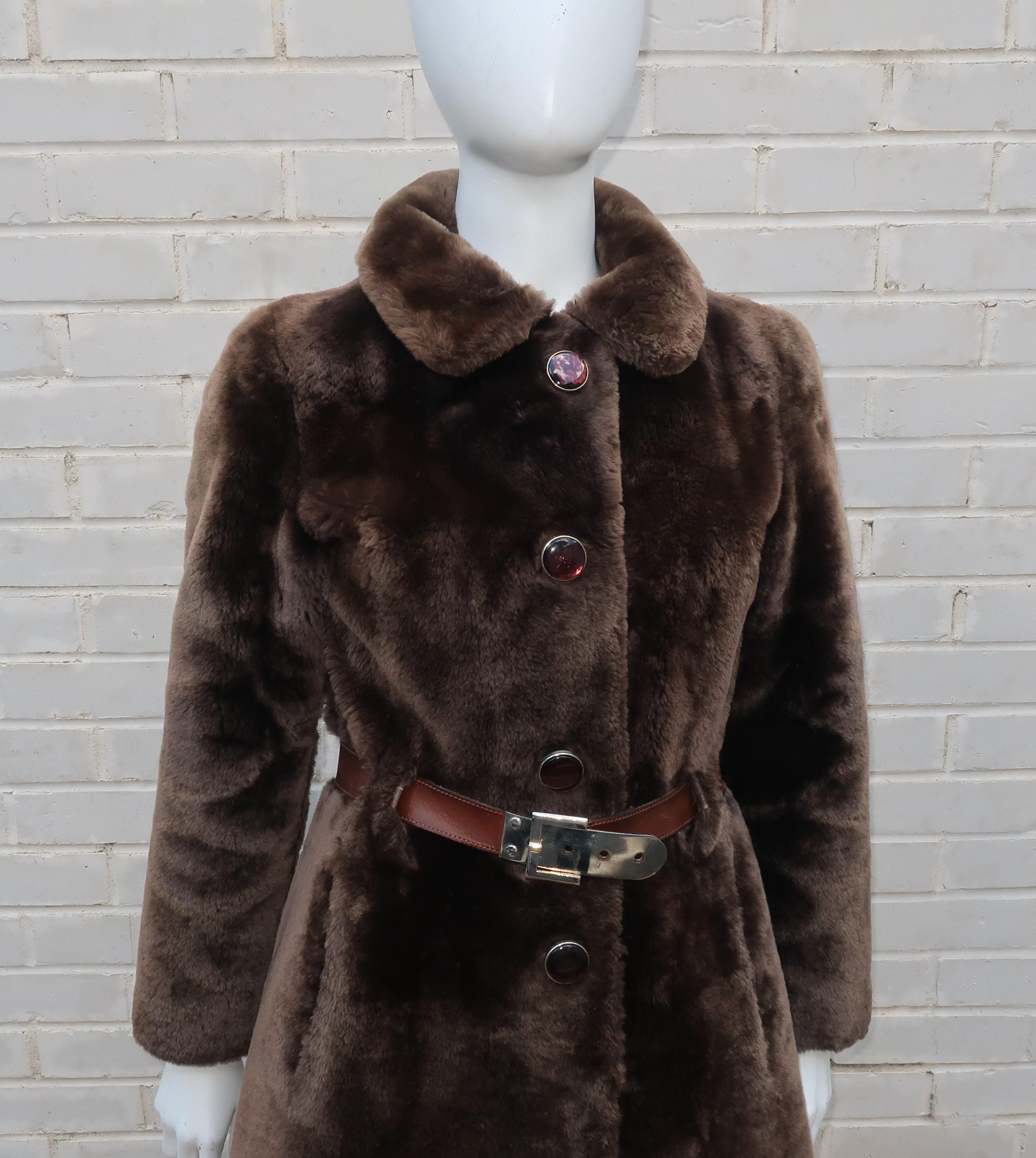 1960's Revillon Brown Mouton Sheepskin Belted Coat With Fur Trim 4