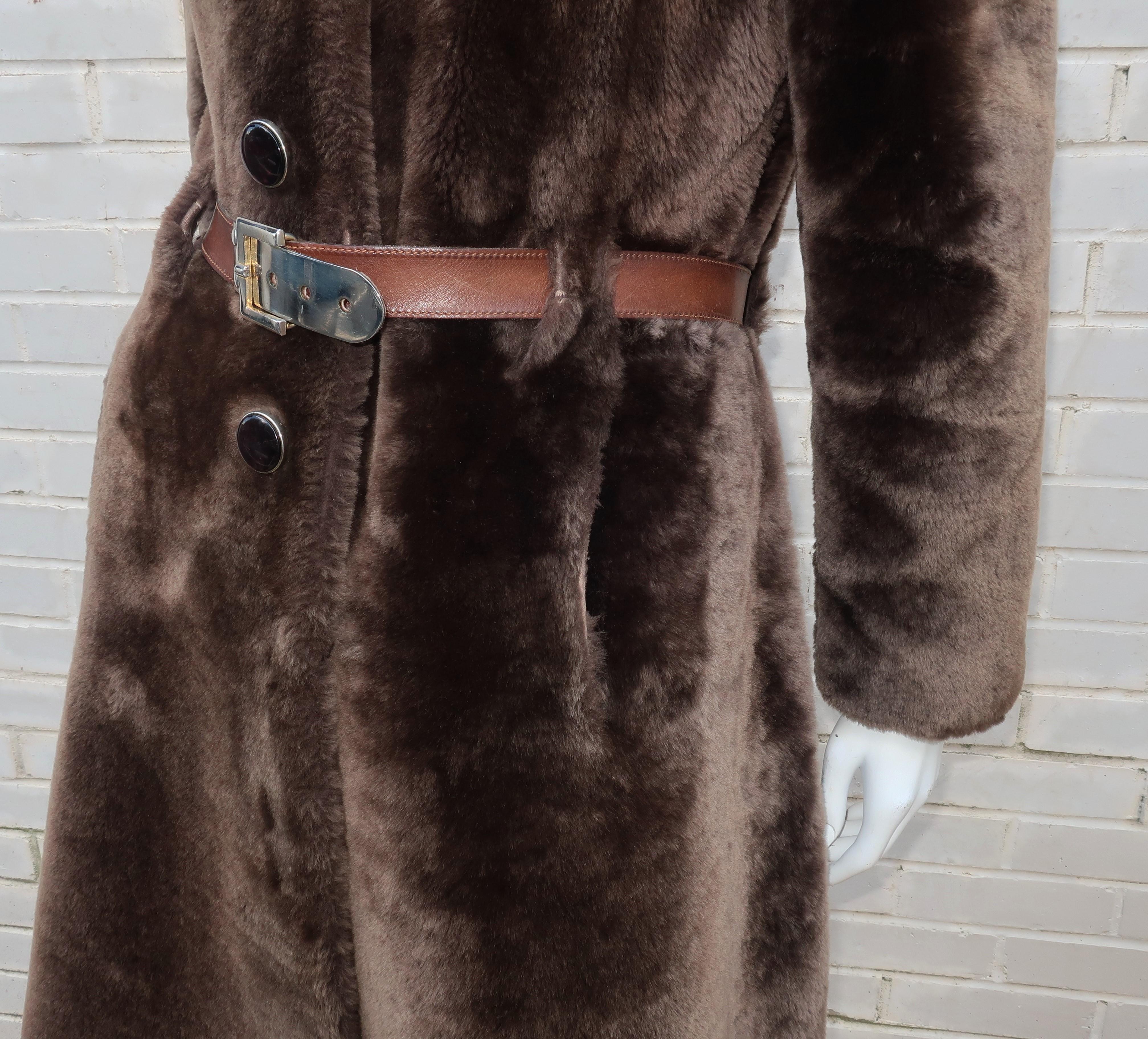 1960's Revillon Brown Mouton Sheepskin Belted Coat With Fur Trim 1