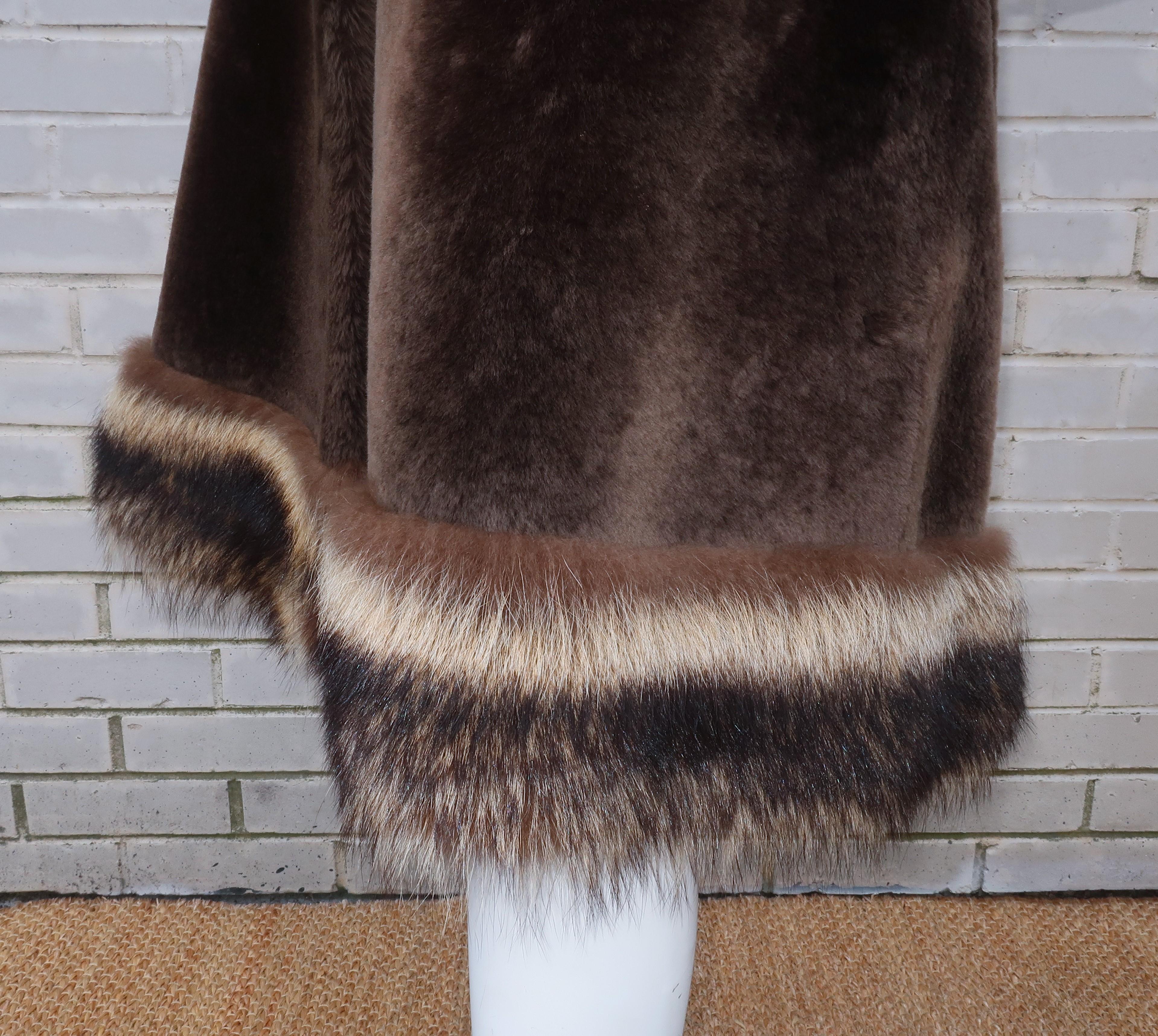 1960's Revillon Brown Mouton Sheepskin Belted Coat With Fur Trim 2