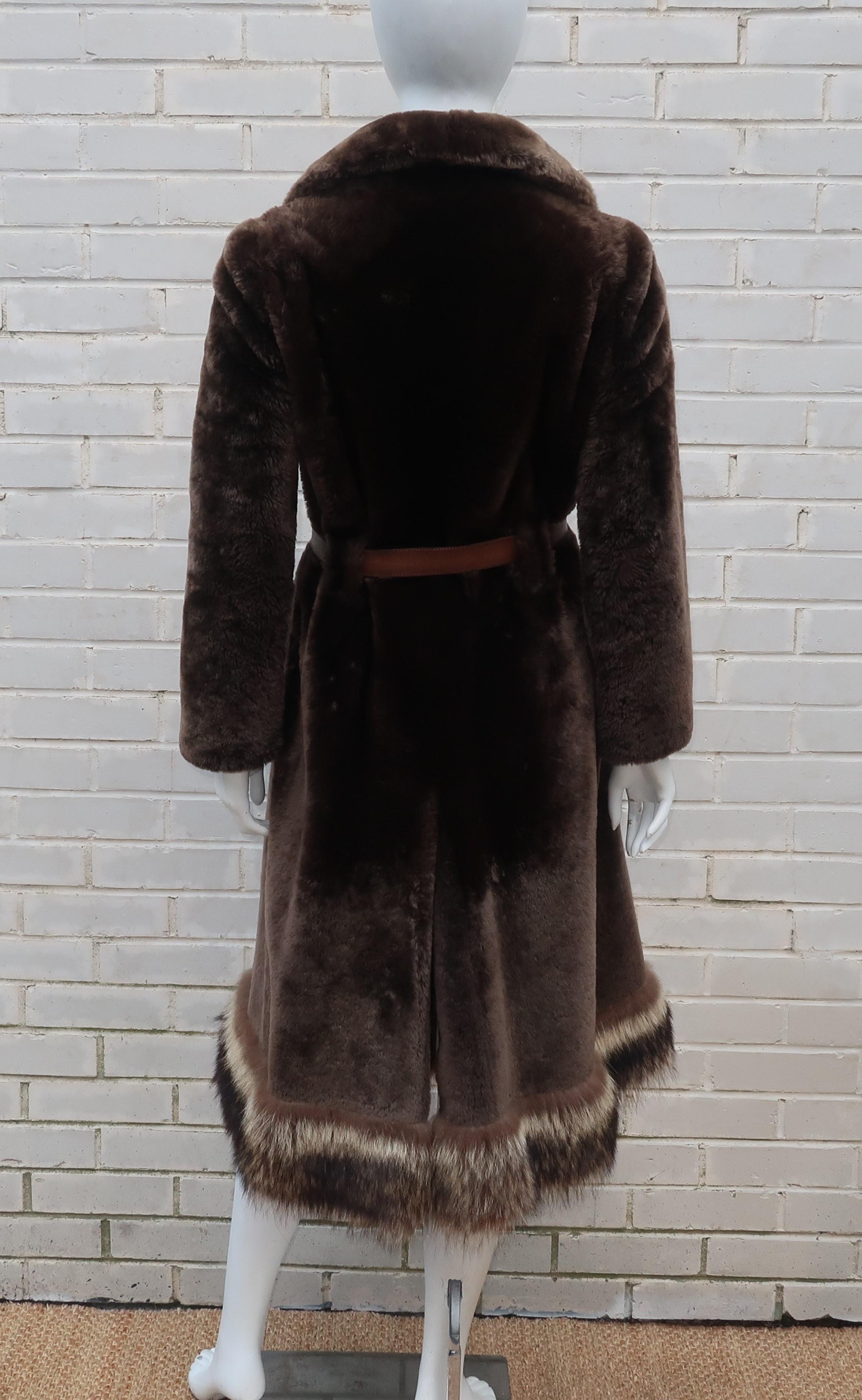 1960's Revillon Brown Mouton Sheepskin Belted Coat With Fur Trim 3