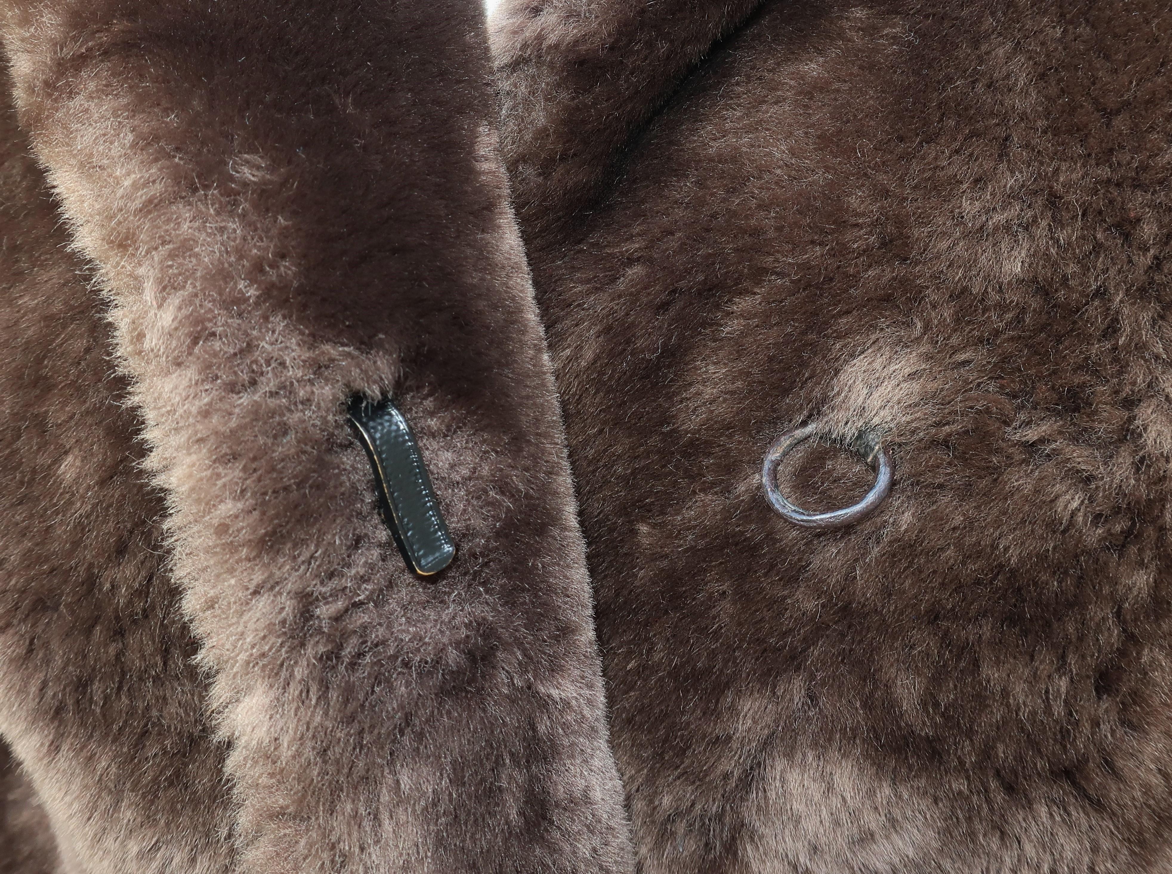 1960's Revillon Brown Mouton Sheepskin Belted Coat With Fur Trim 7