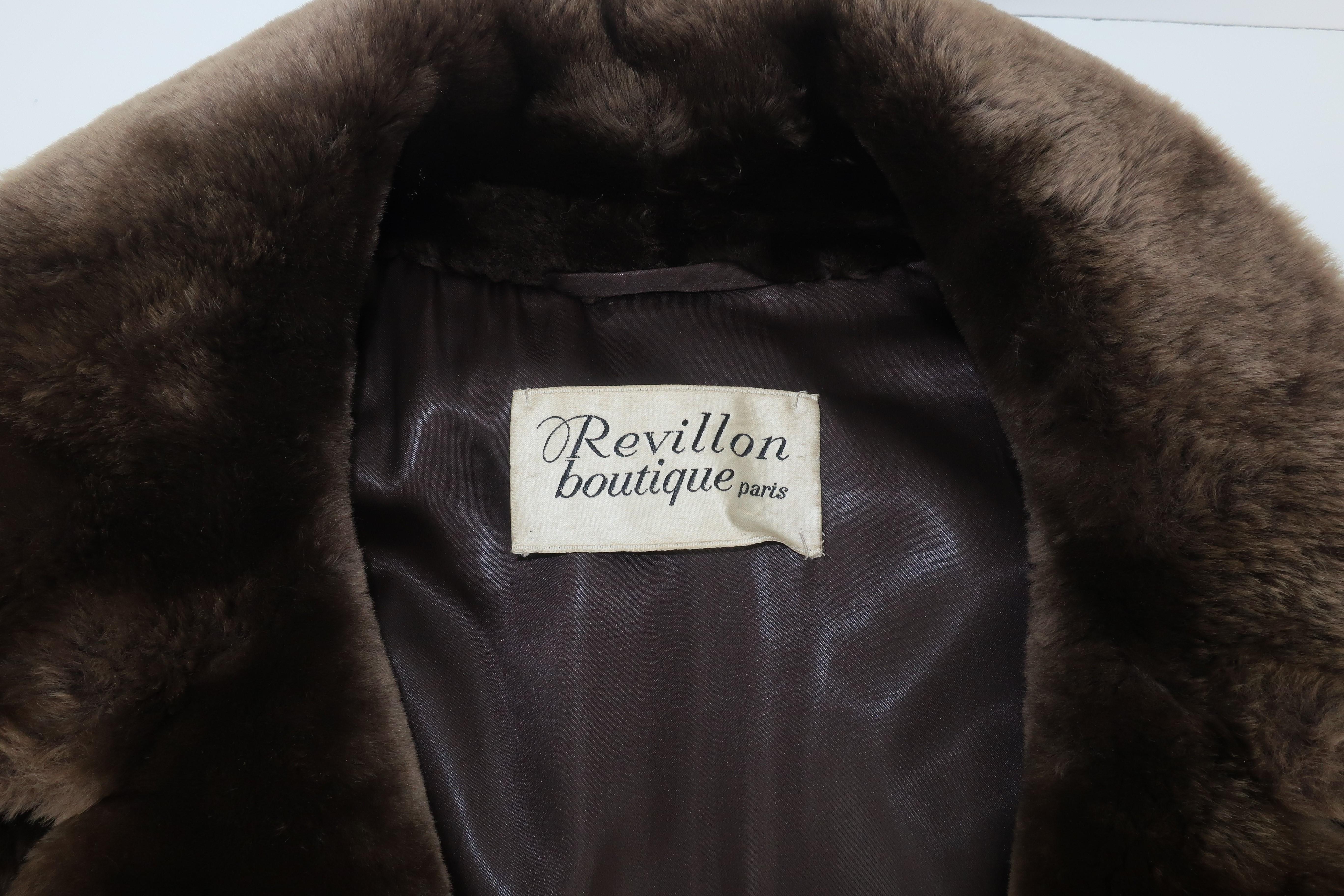 1960's Revillon Brown Mouton Sheepskin Belted Coat With Fur Trim 8