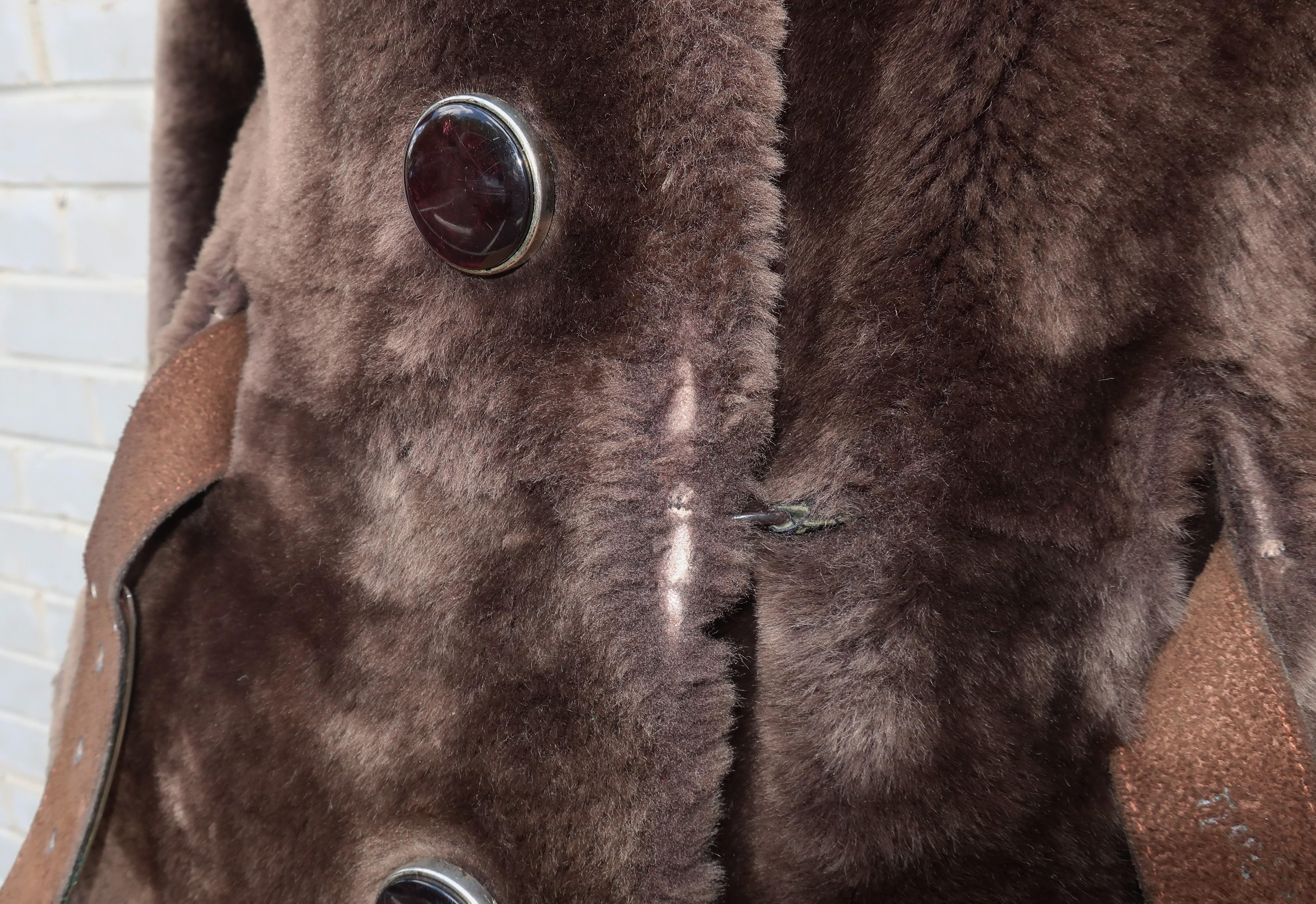 1960's Revillon Brown Mouton Sheepskin Belted Coat With Fur Trim 6