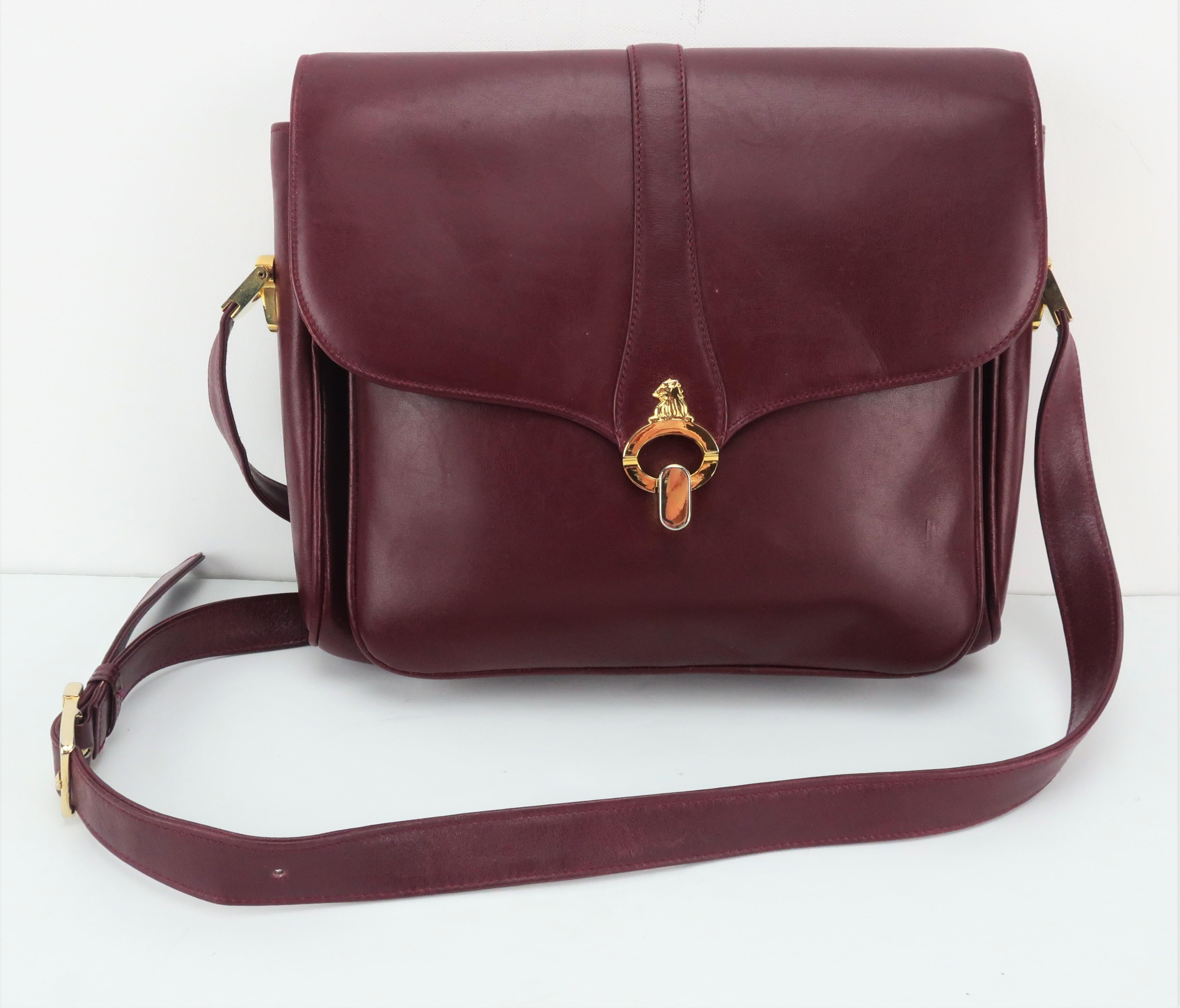 Brown 1970's Mark Cross Burgundy Leather Shoulder Strap Handbag
