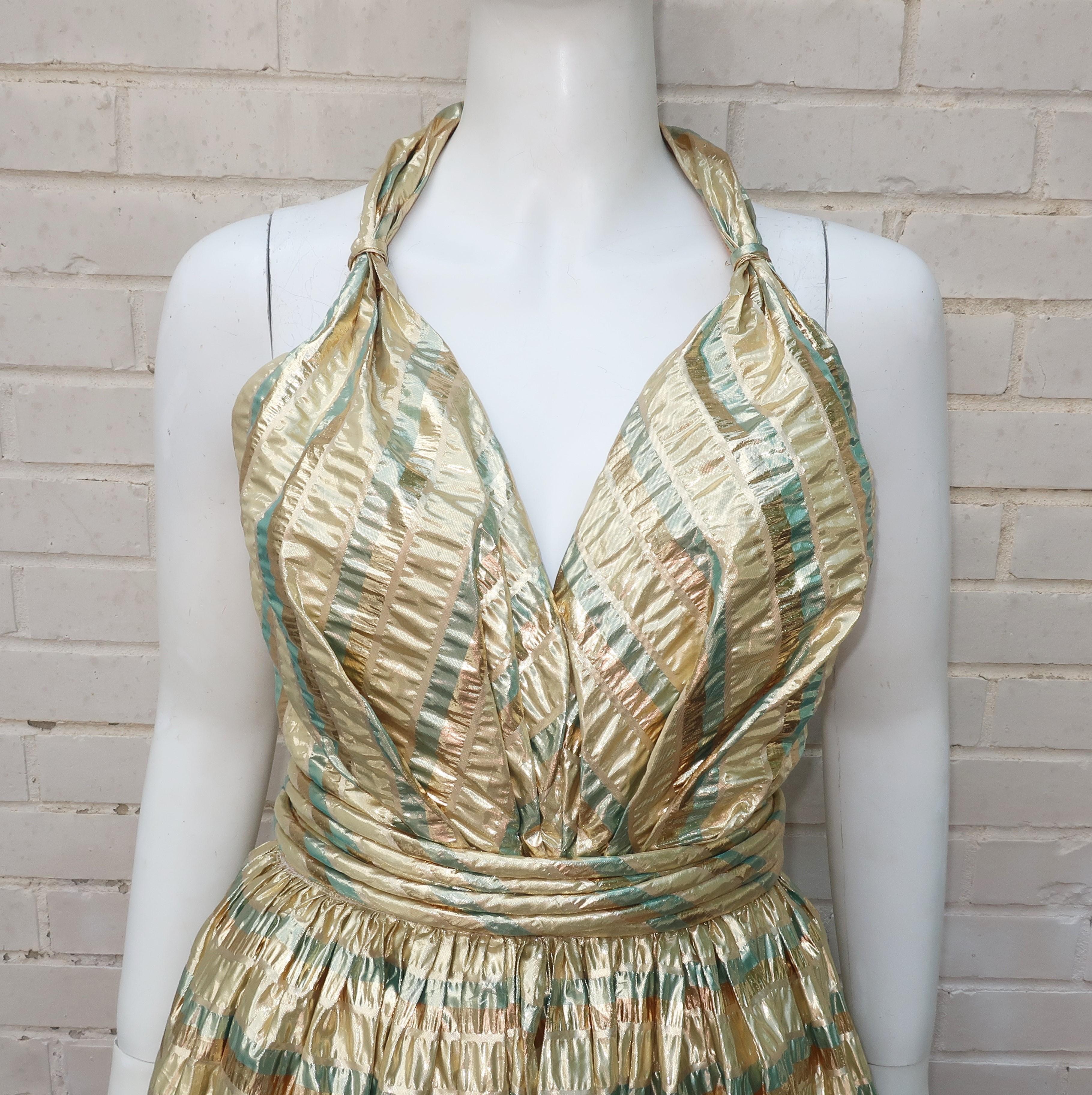 Brown Gold Seersucker Striped Halter Top Evening Dress, circa 1980