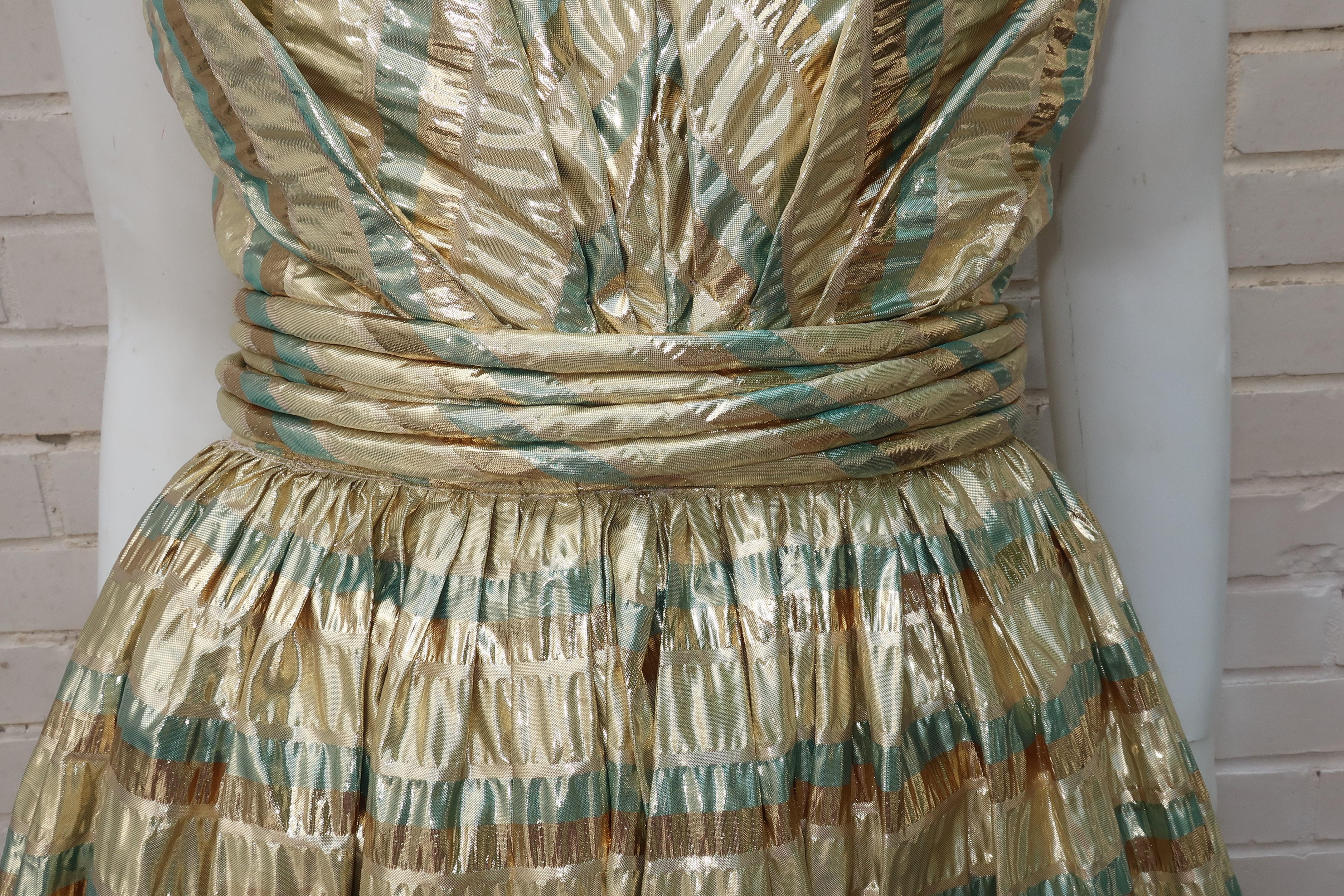 Gold Seersucker Striped Halter Top Evening Dress, circa 1980 In Good Condition In Atlanta, GA