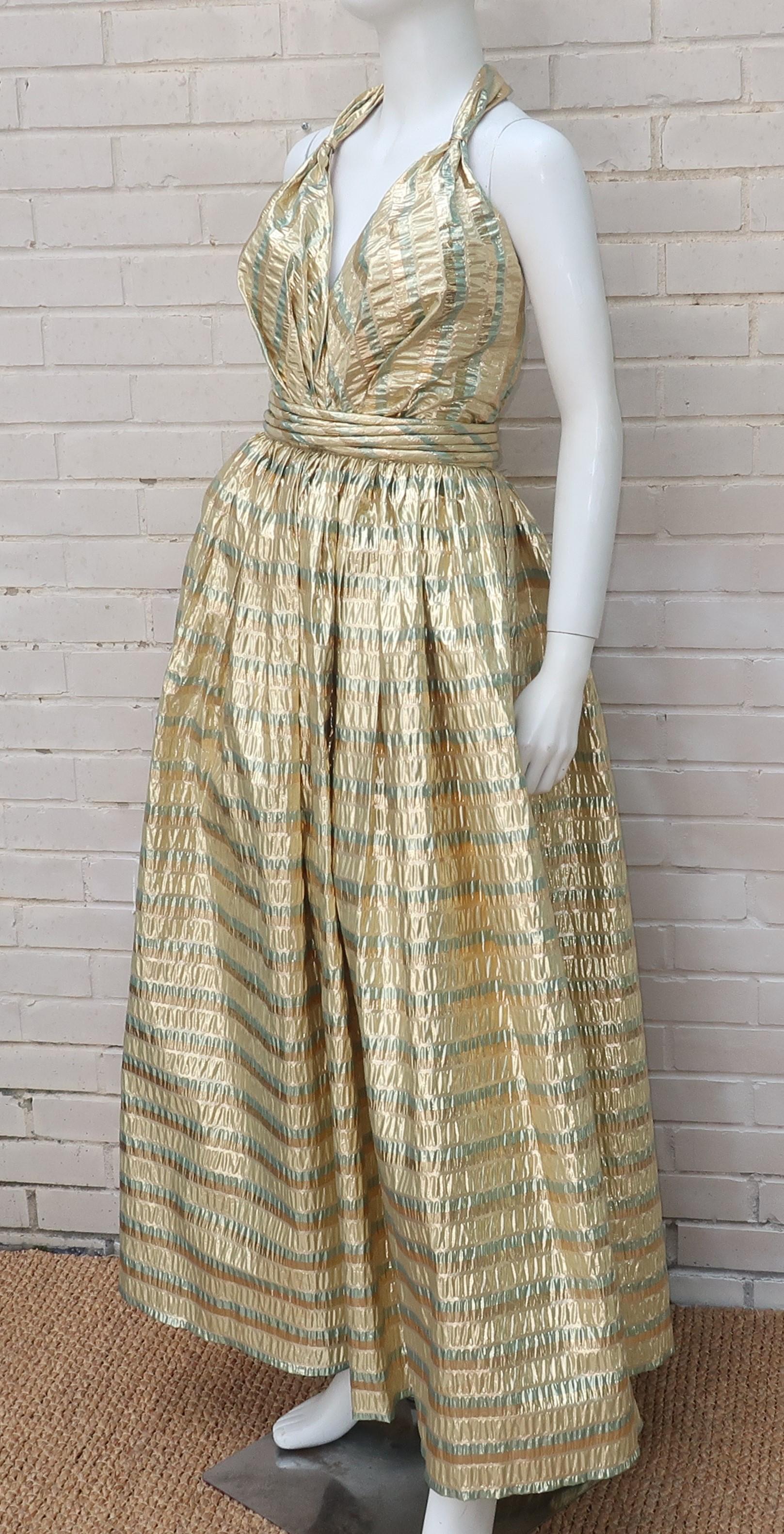 Gold Seersucker Striped Halter Top Evening Dress, circa 1980 1