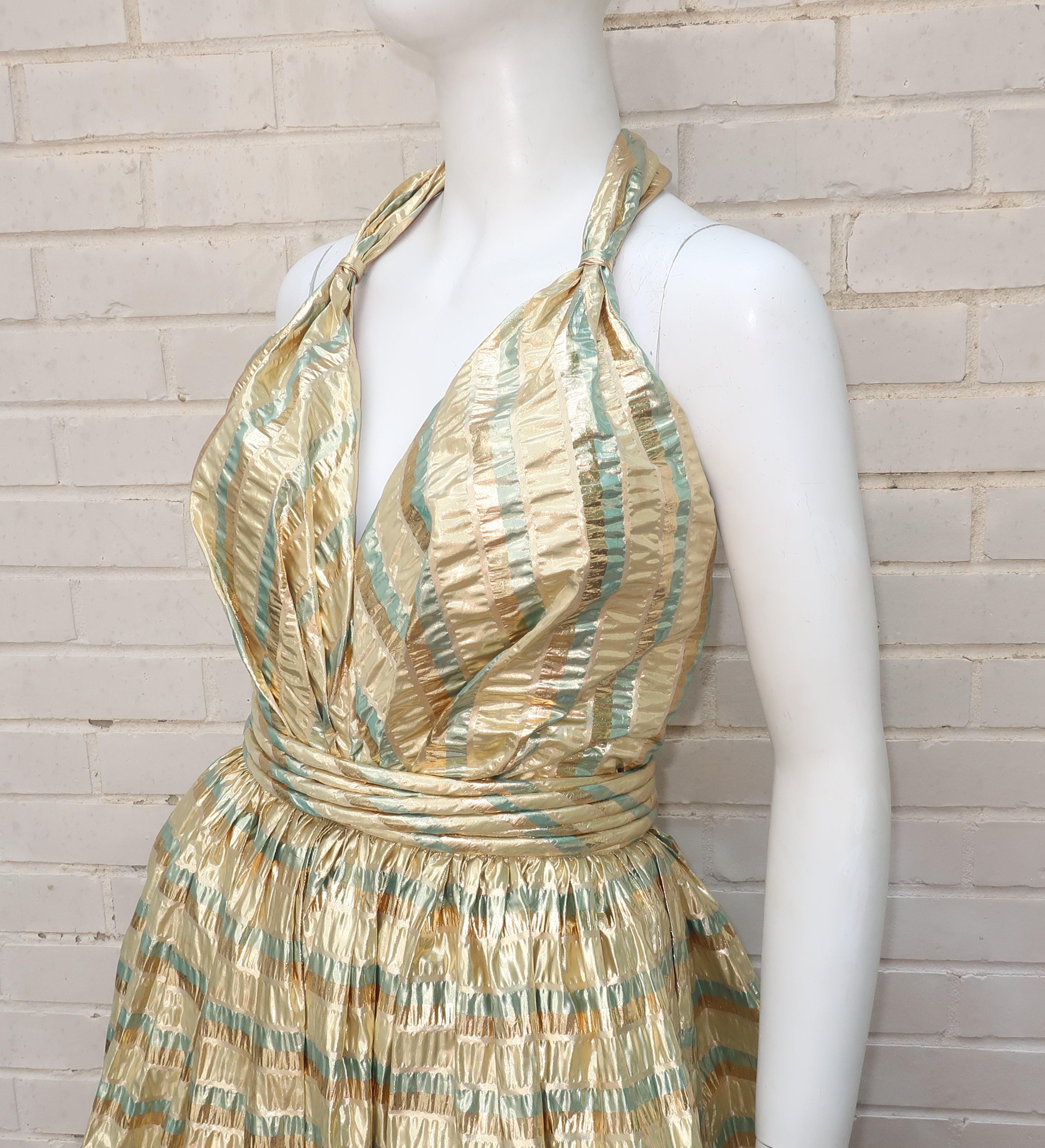Gold Seersucker Striped Halter Top Evening Dress, circa 1980 2
