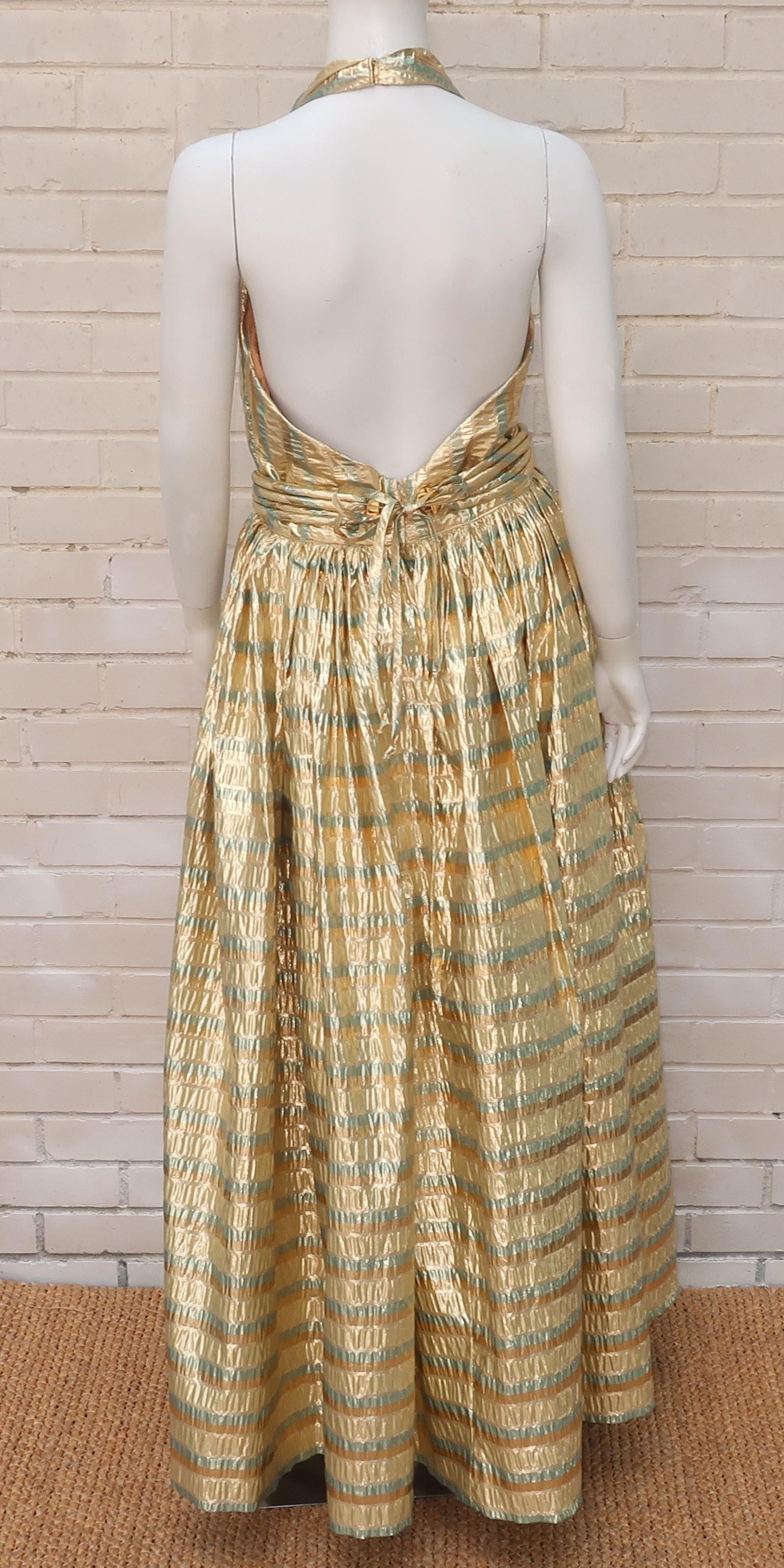 Gold Seersucker Striped Halter Top Evening Dress, circa 1980 3