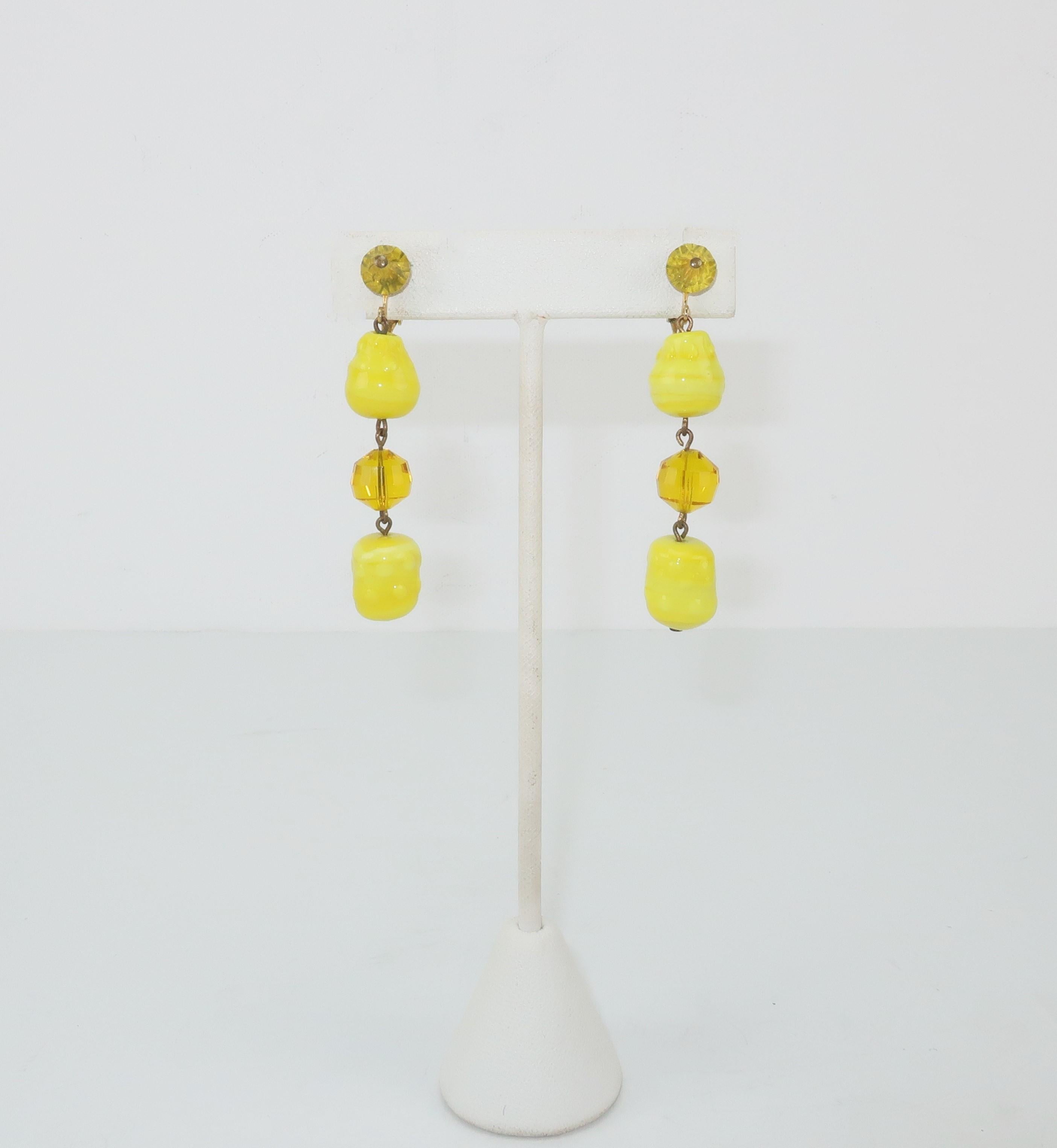 Modern Vogue Jewelry Yellow and Amber Glass Dangle Earrings, circa 1960