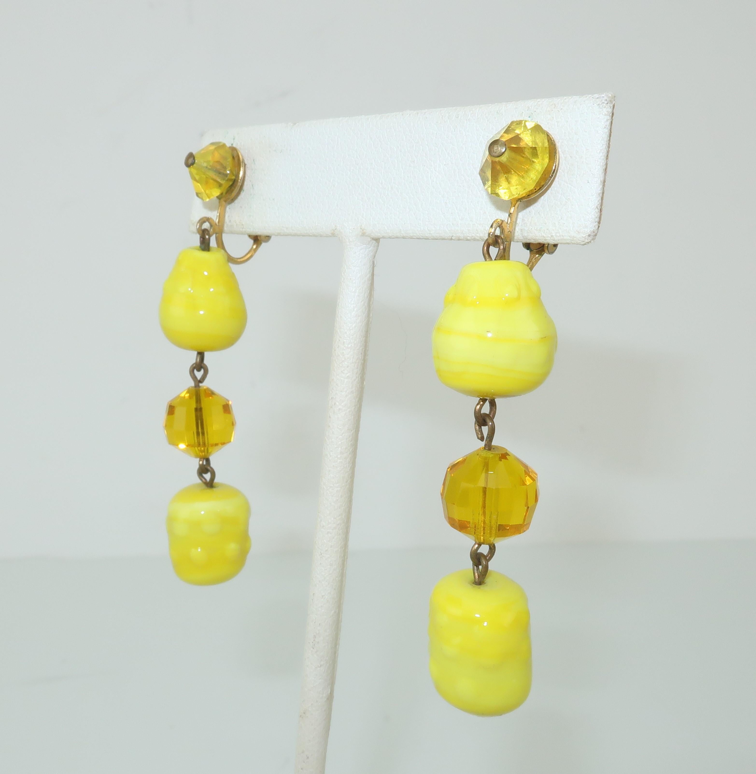 Vogue Jewelry Yellow and Amber Glass Dangle Earrings, circa 1960 In Good Condition In Atlanta, GA