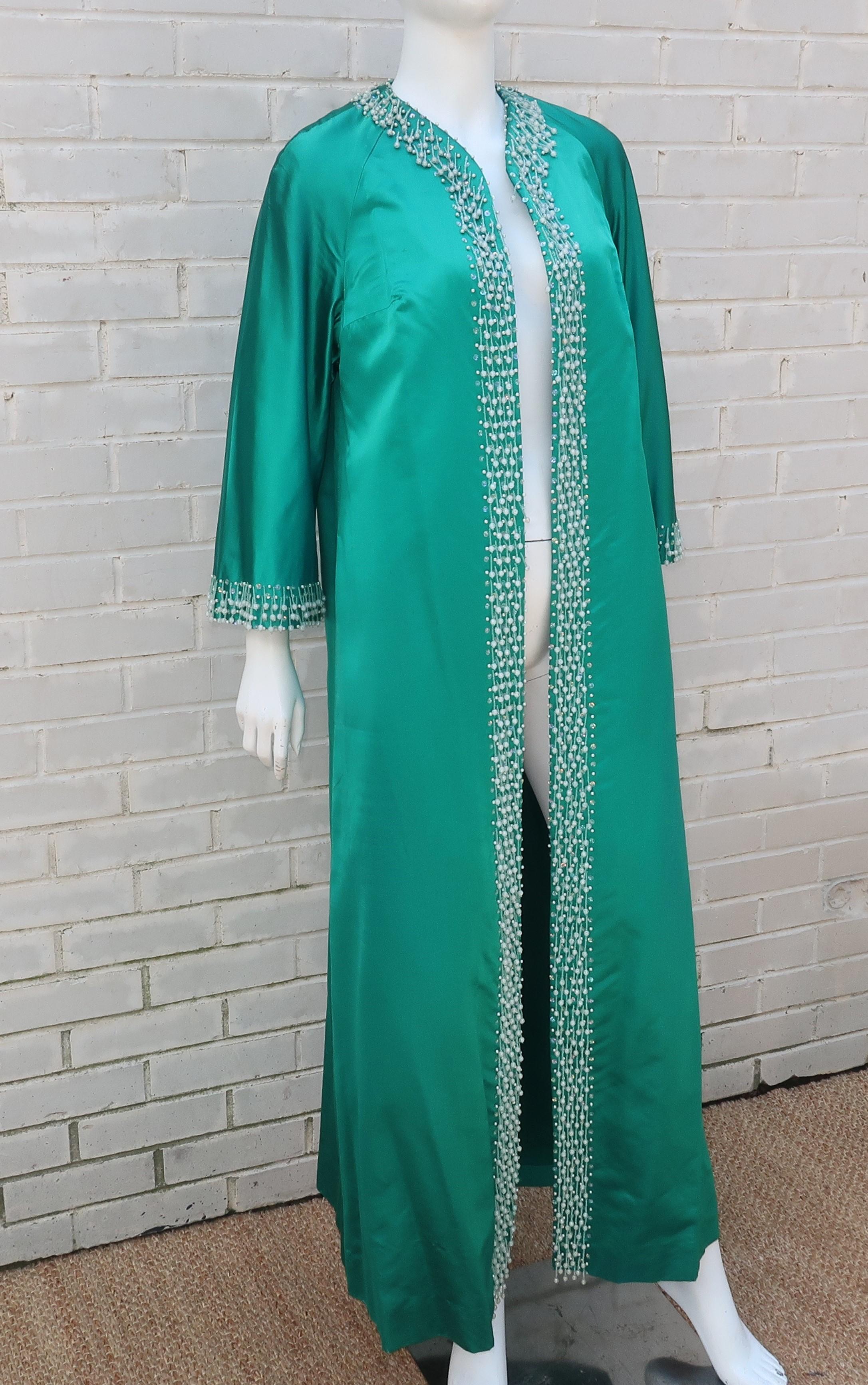 C.1960 British Hong Kong Jade Green Beaded Satin Caftan Robe Evening Coat 2