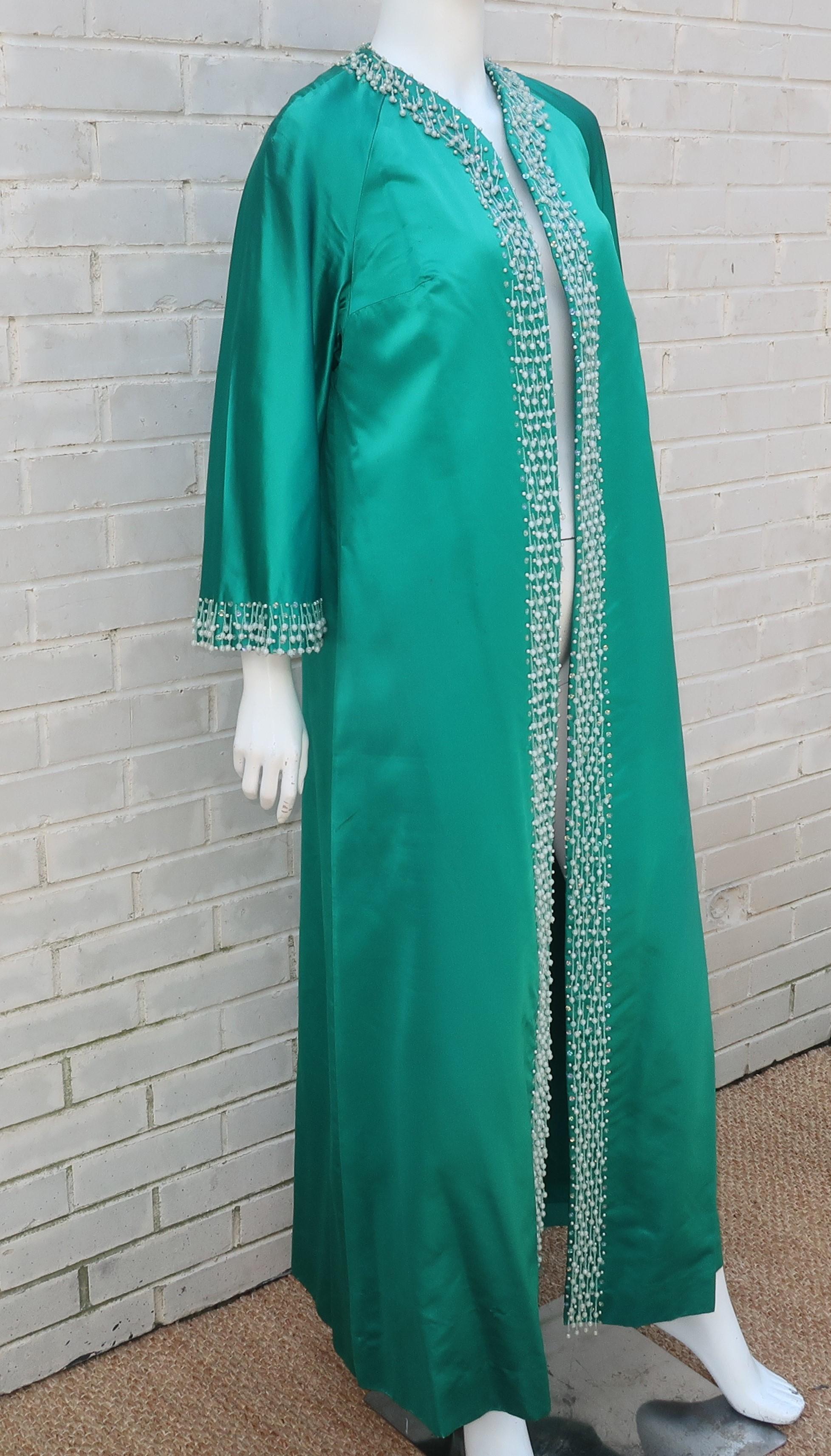 C.1960 British Hong Kong Jade Green Beaded Satin Caftan Robe Evening Coat 5