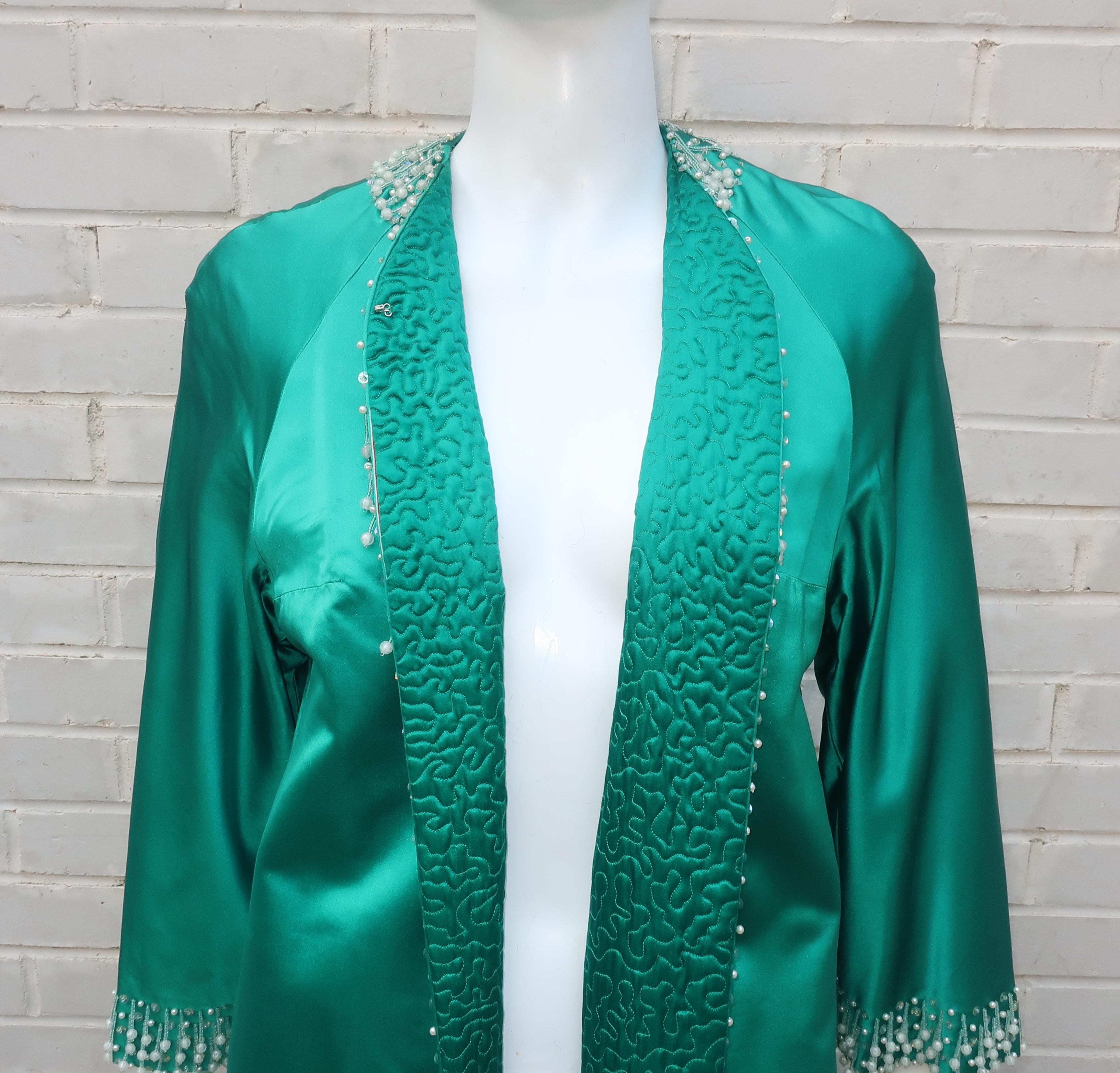 C.1960 British Hong Kong Jade Green Beaded Satin Caftan Robe Evening Coat 1