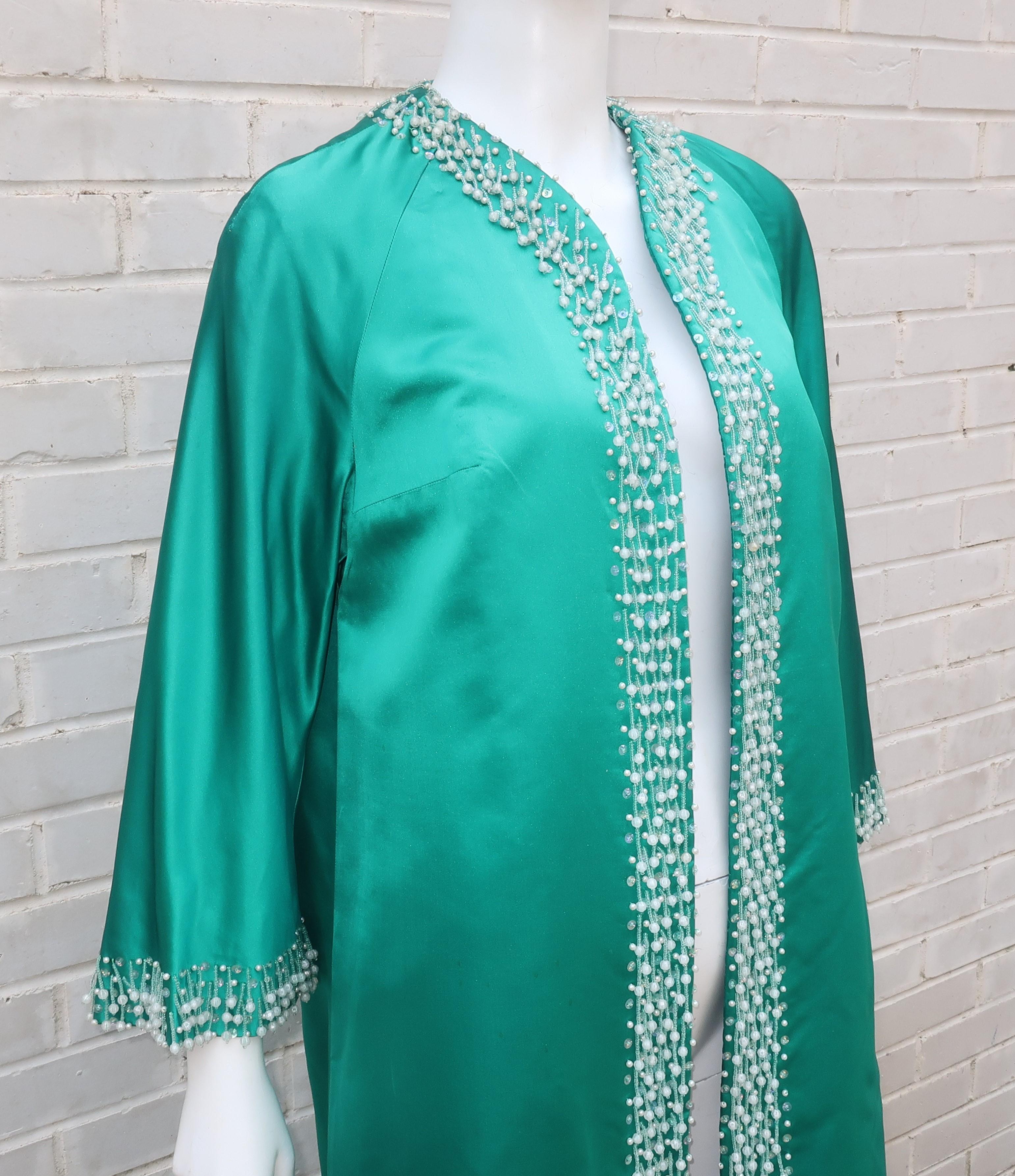 C.1960 British Hong Kong Jade Green Beaded Satin Caftan Robe Evening Coat 3