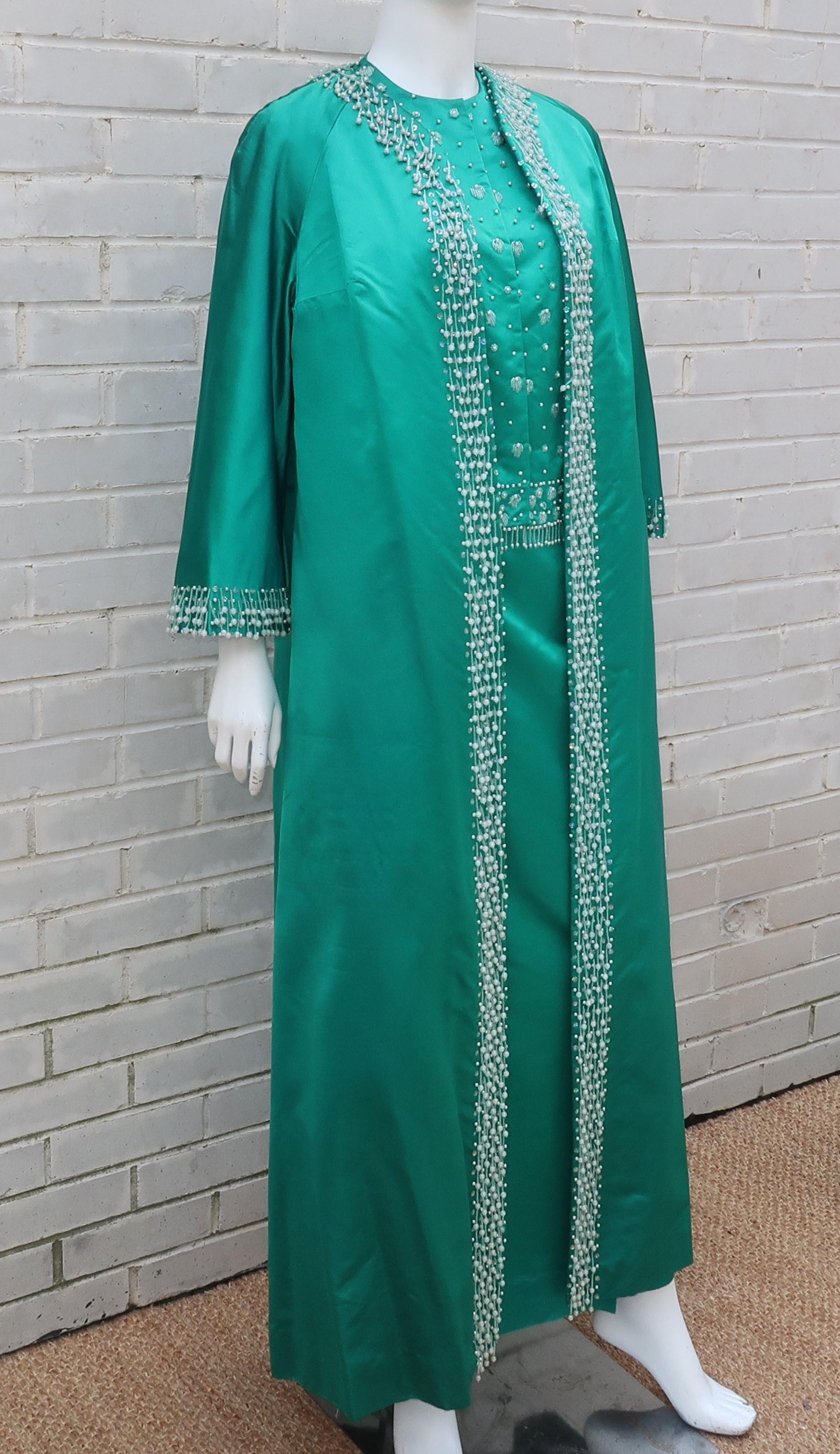 C.1960 British Hong Kong Jade Green Beaded Satin Cropped Top Jacket & Skirt 9