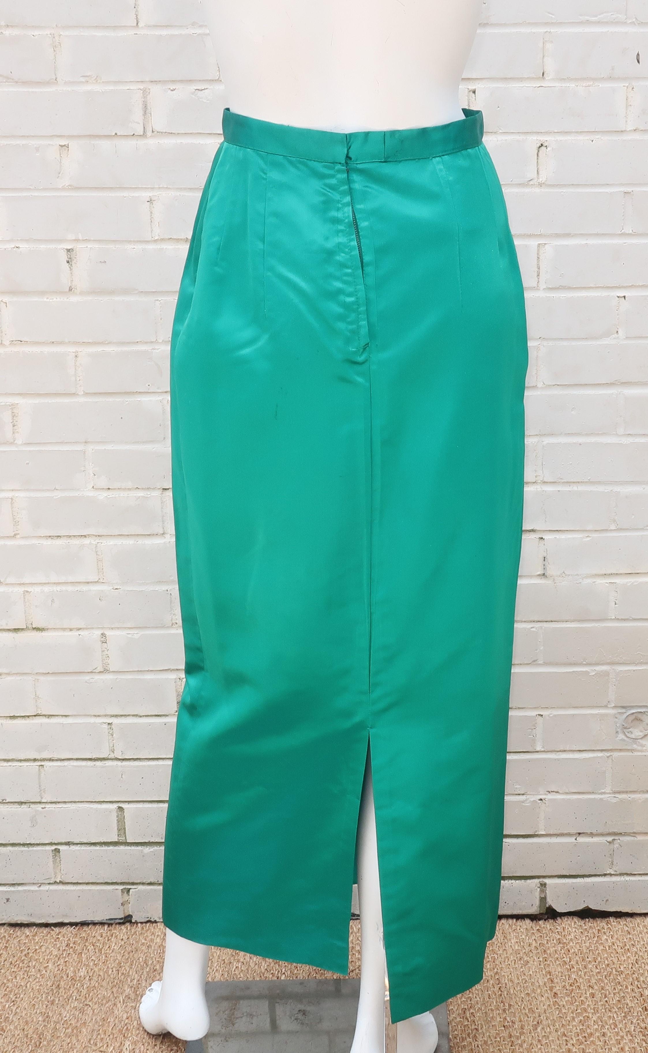 C.1960 British Hong Kong Jade Green Beaded Satin Cropped Top Jacket & Skirt 5