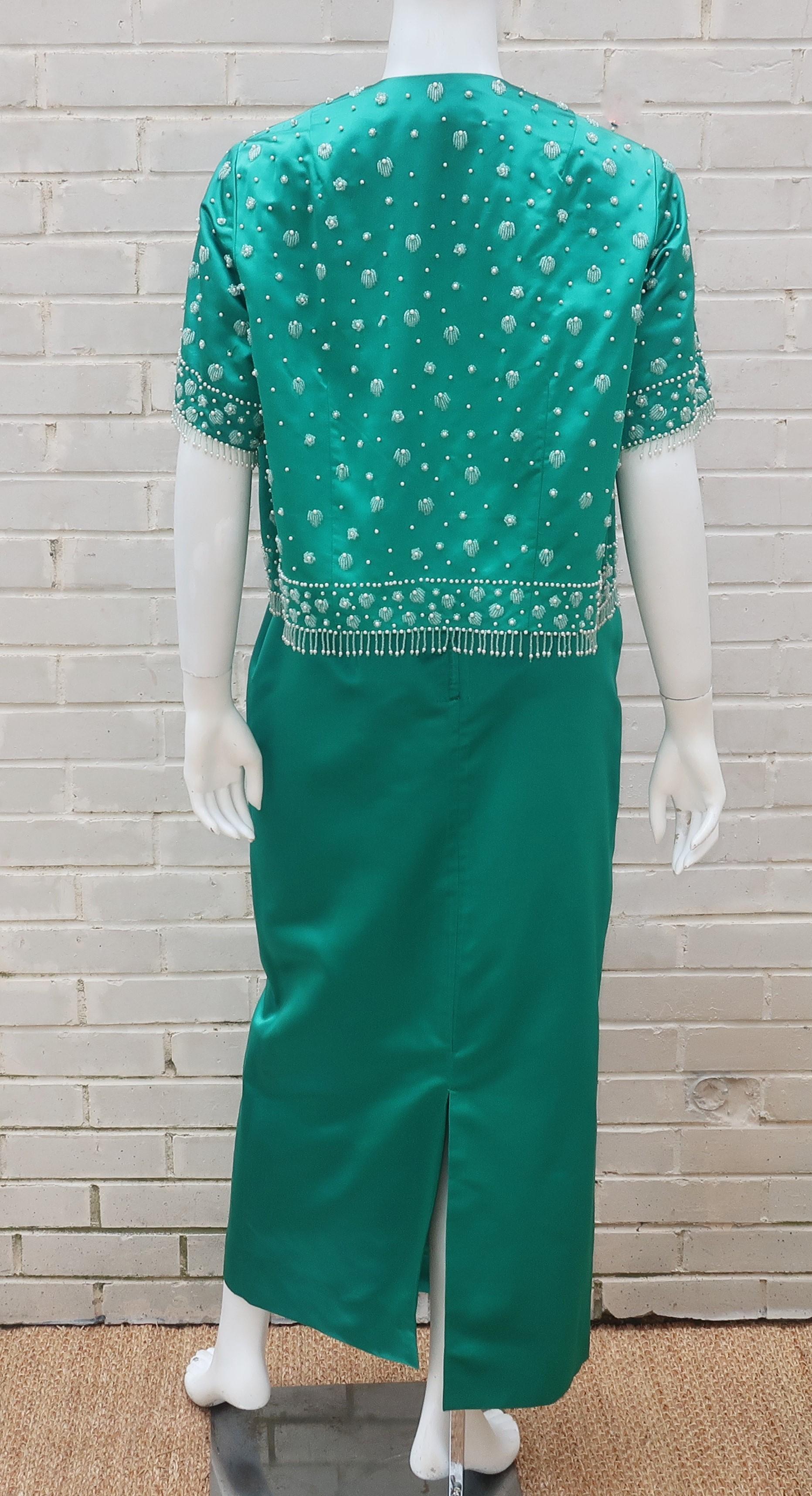 Women's C.1960 British Hong Kong Jade Green Beaded Satin Cropped Top Jacket & Skirt