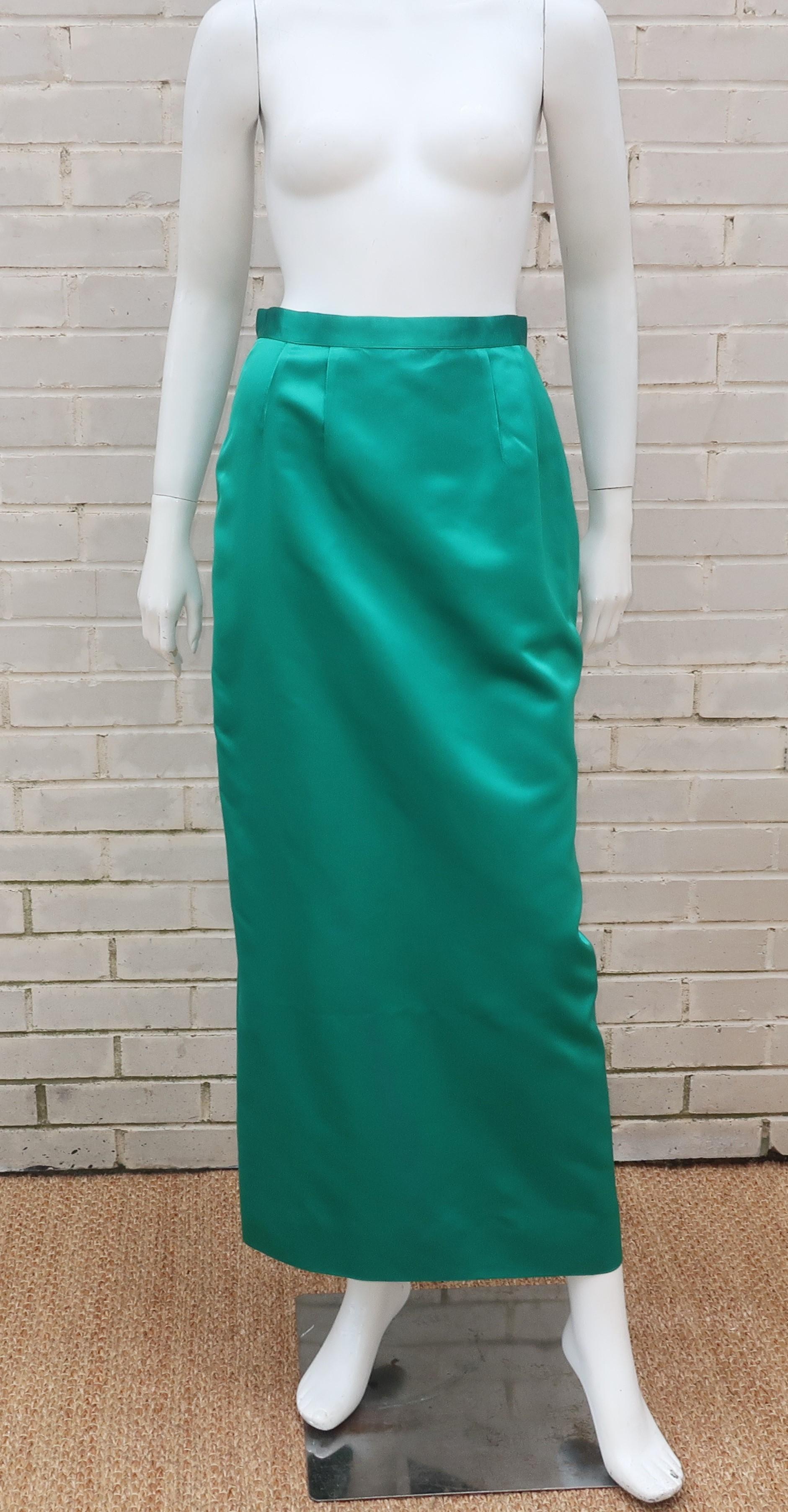 C.1960 British Hong Kong Jade Green Beaded Satin Cropped Top Jacket & Skirt 4