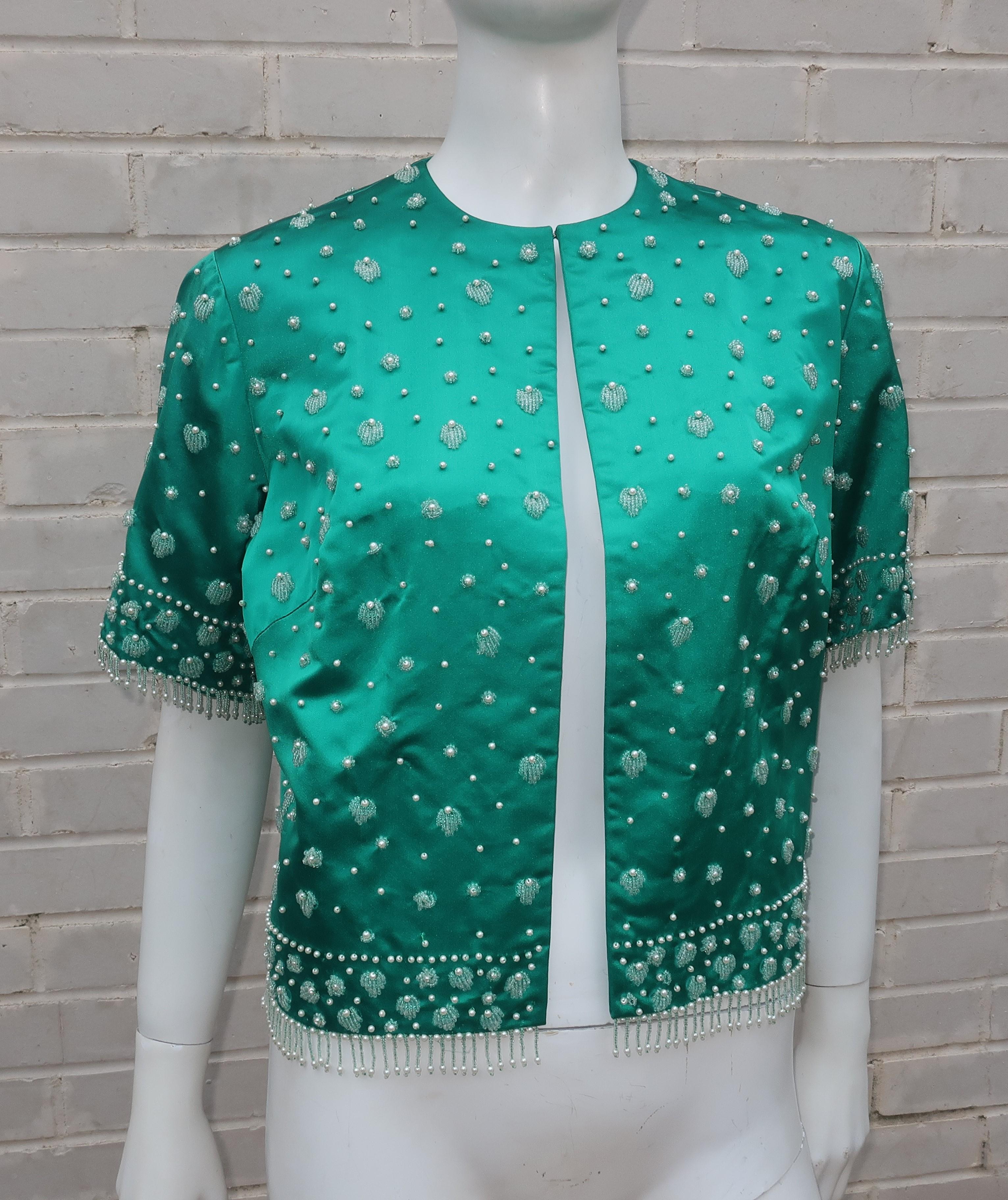 C.1960 British Hong Kong Jade Green Beaded Satin Cropped Top Jacket & Skirt 1