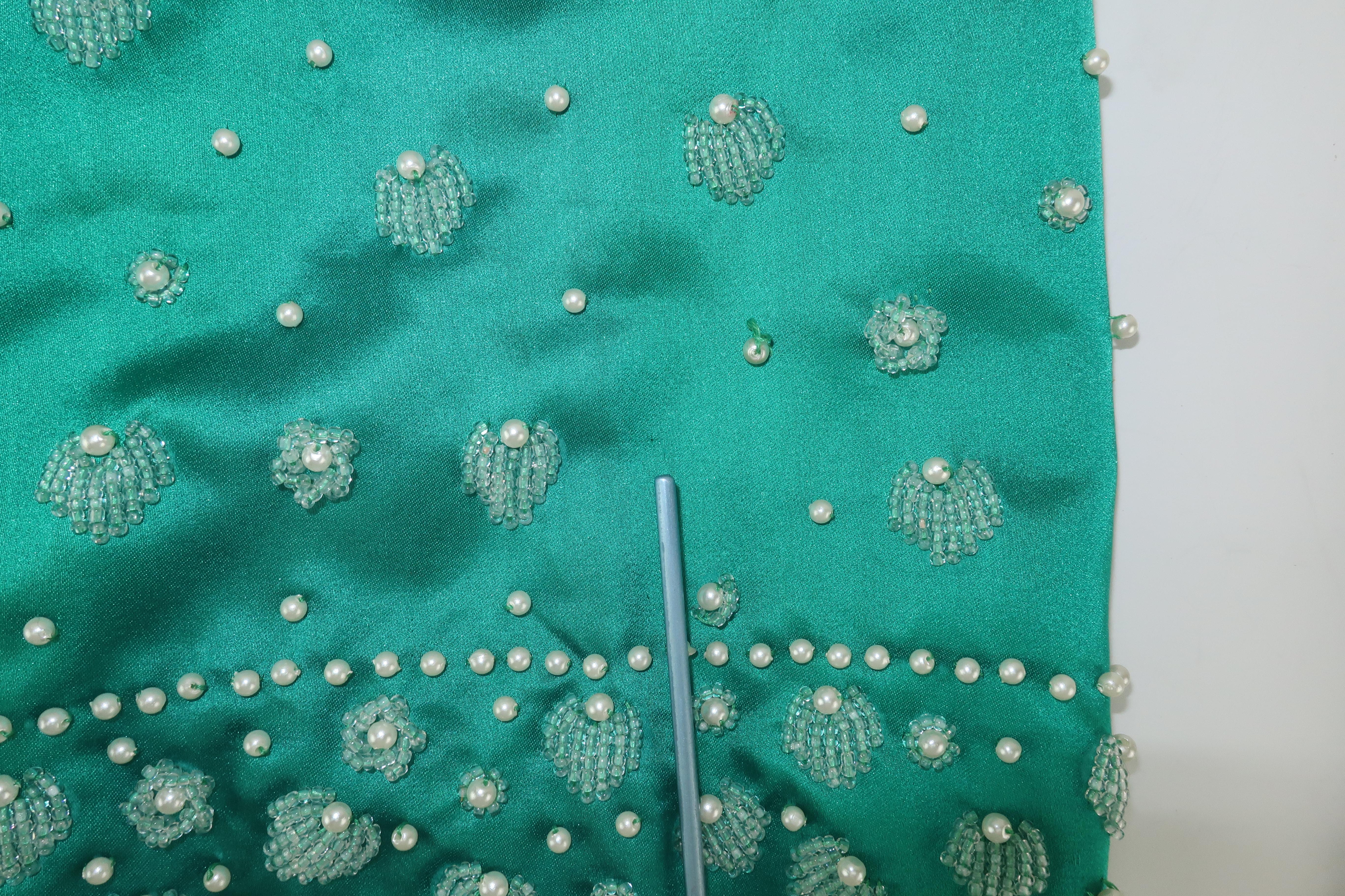 C.1960 British Hong Kong Jade Green Beaded Satin Cropped Top Jacket & Skirt 7