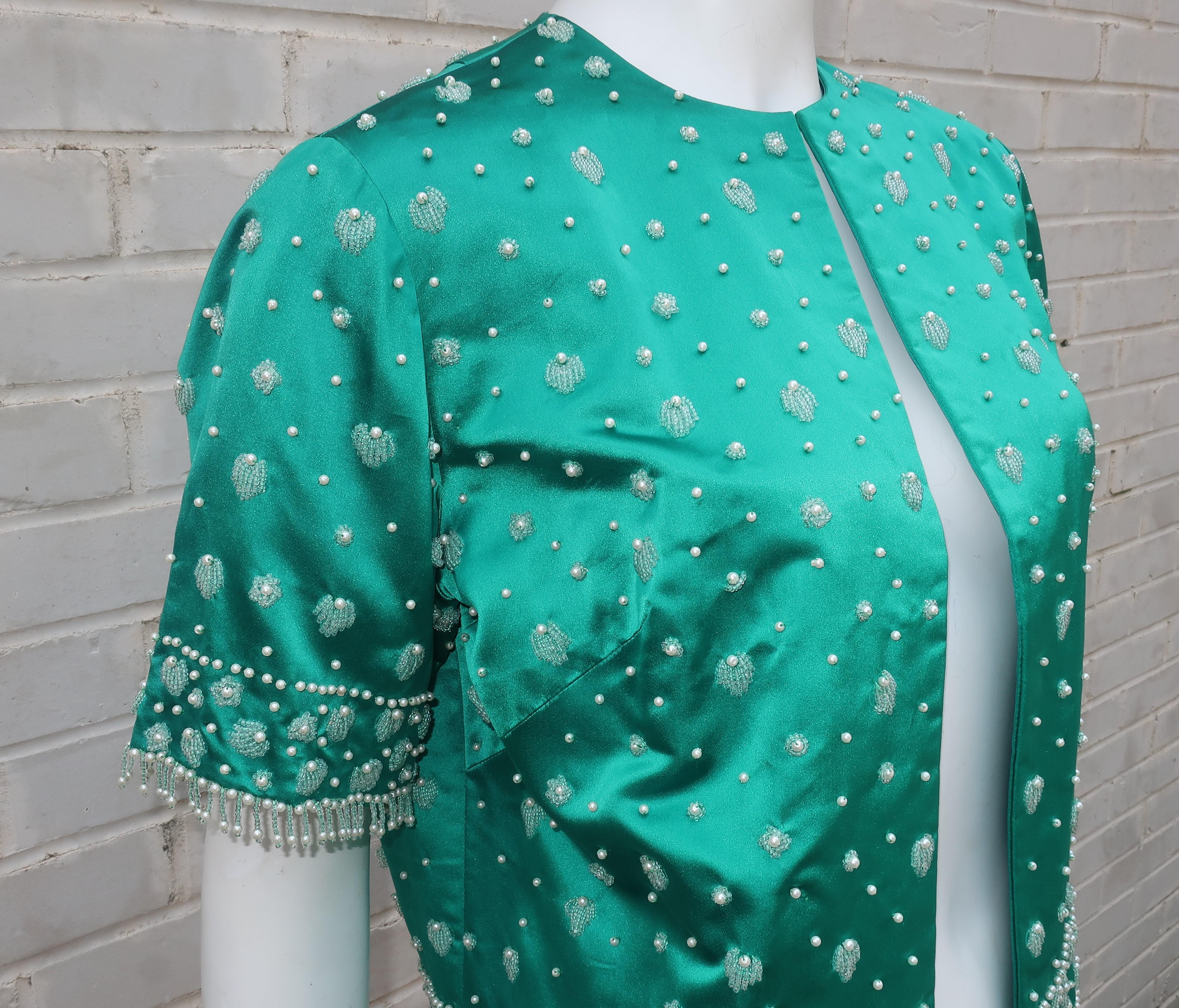 C.1960 British Hong Kong Jade Green Beaded Satin Cropped Top Jacket & Skirt 3