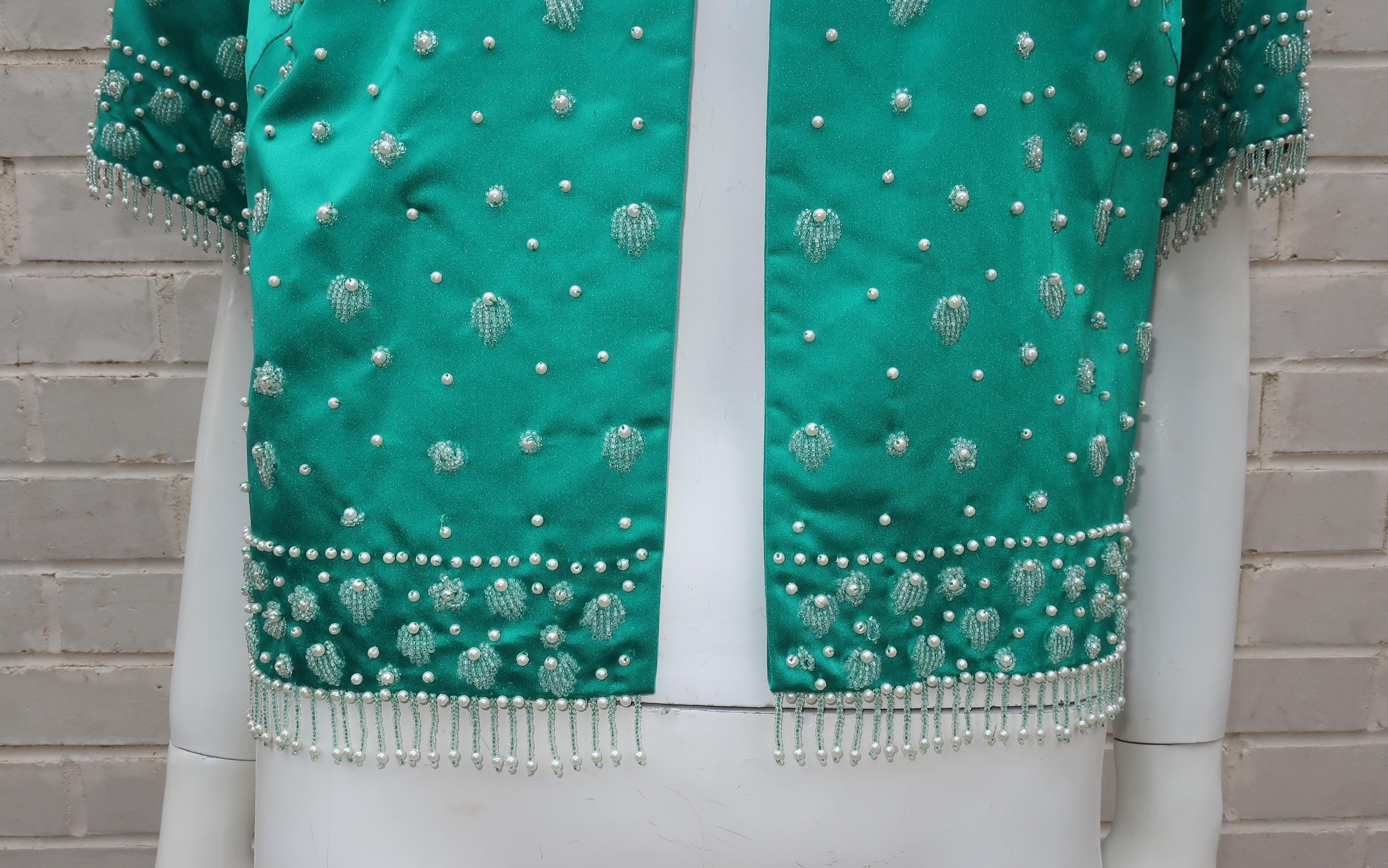 C.1960 British Hong Kong Jade Green Beaded Satin Cropped Top Jacket & Skirt 2