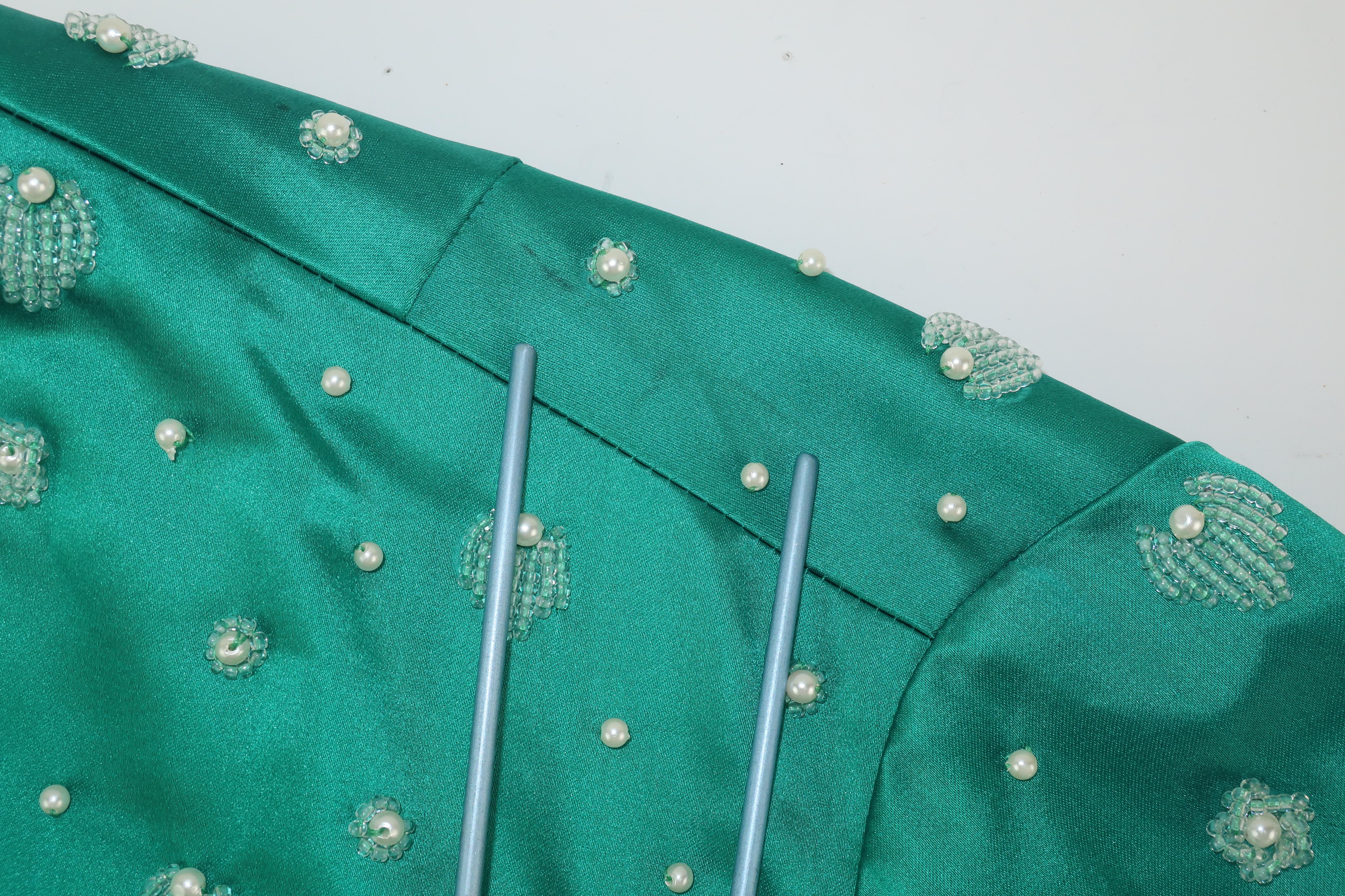 C.1960 British Hong Kong Jade Green Beaded Satin Cropped Top Jacket & Skirt 8