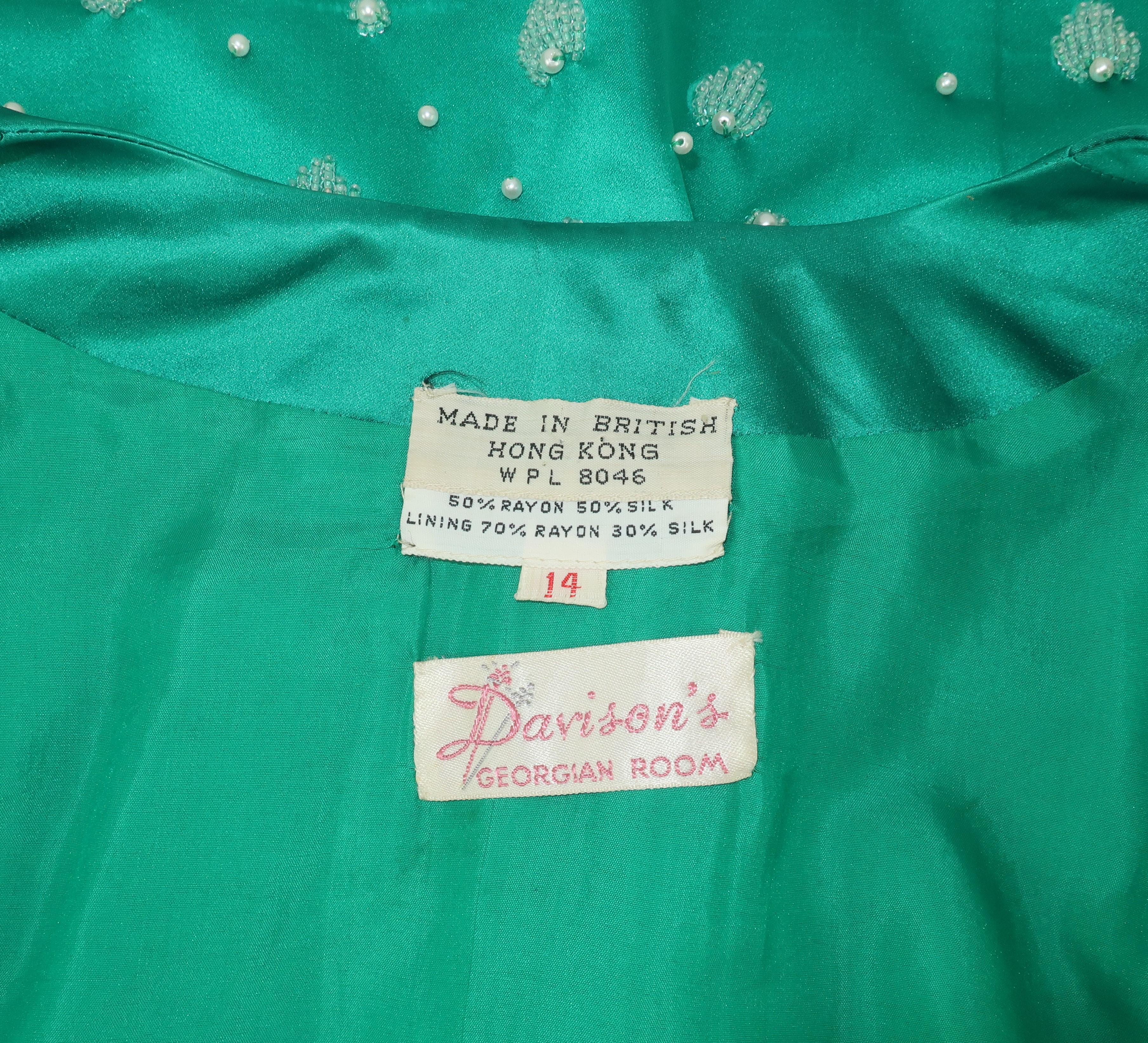 C.1960 British Hong Kong Jade Green Beaded Satin Cropped Top Jacket & Skirt 6