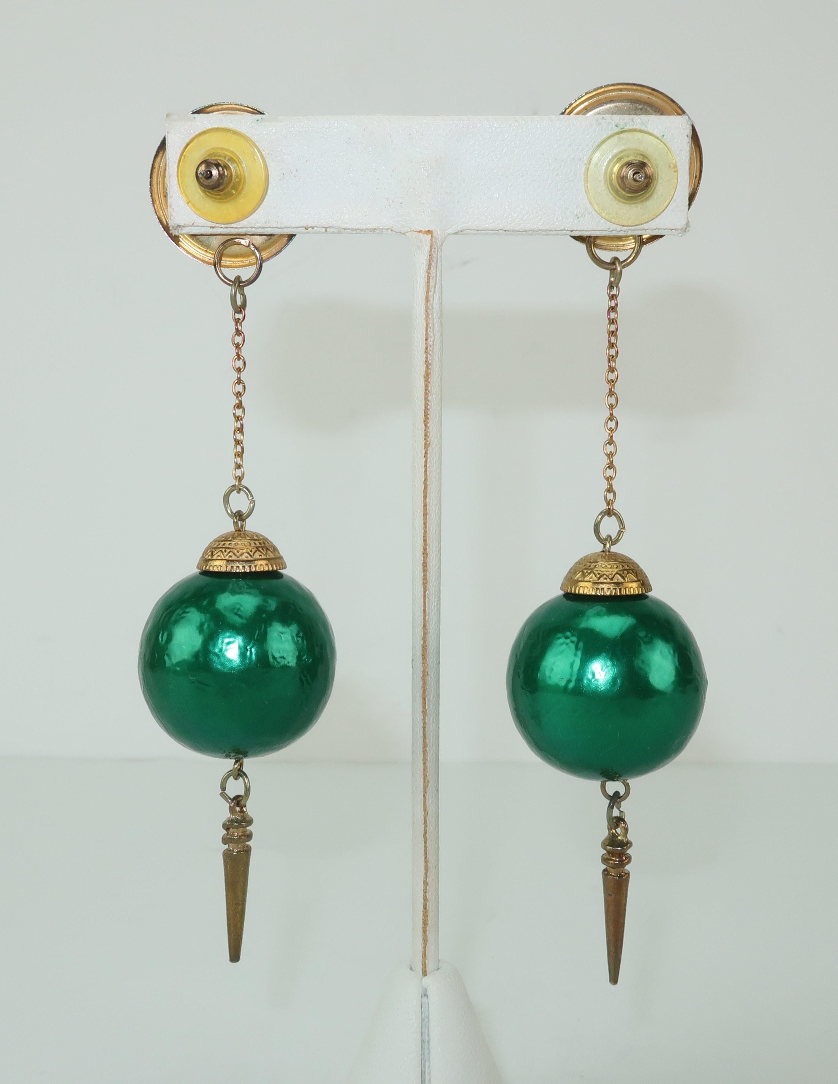 Women's C.1970 Teal Green Orb & Dagger Dangle Gold Tone Earrings