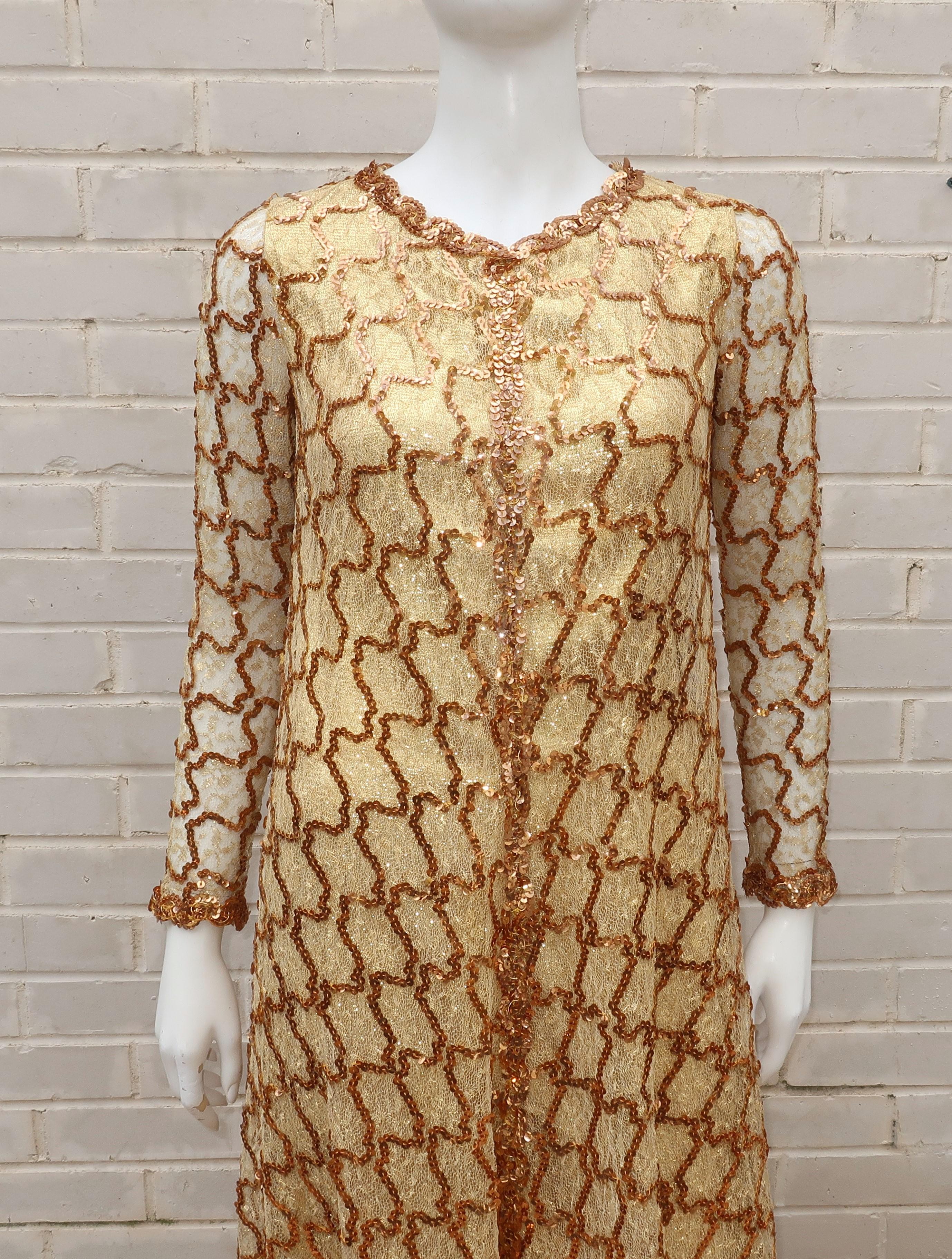 Brown 1960's Anne Fogarty Gold Lamé Dress With Trapeze Sequin & Lace Overlay