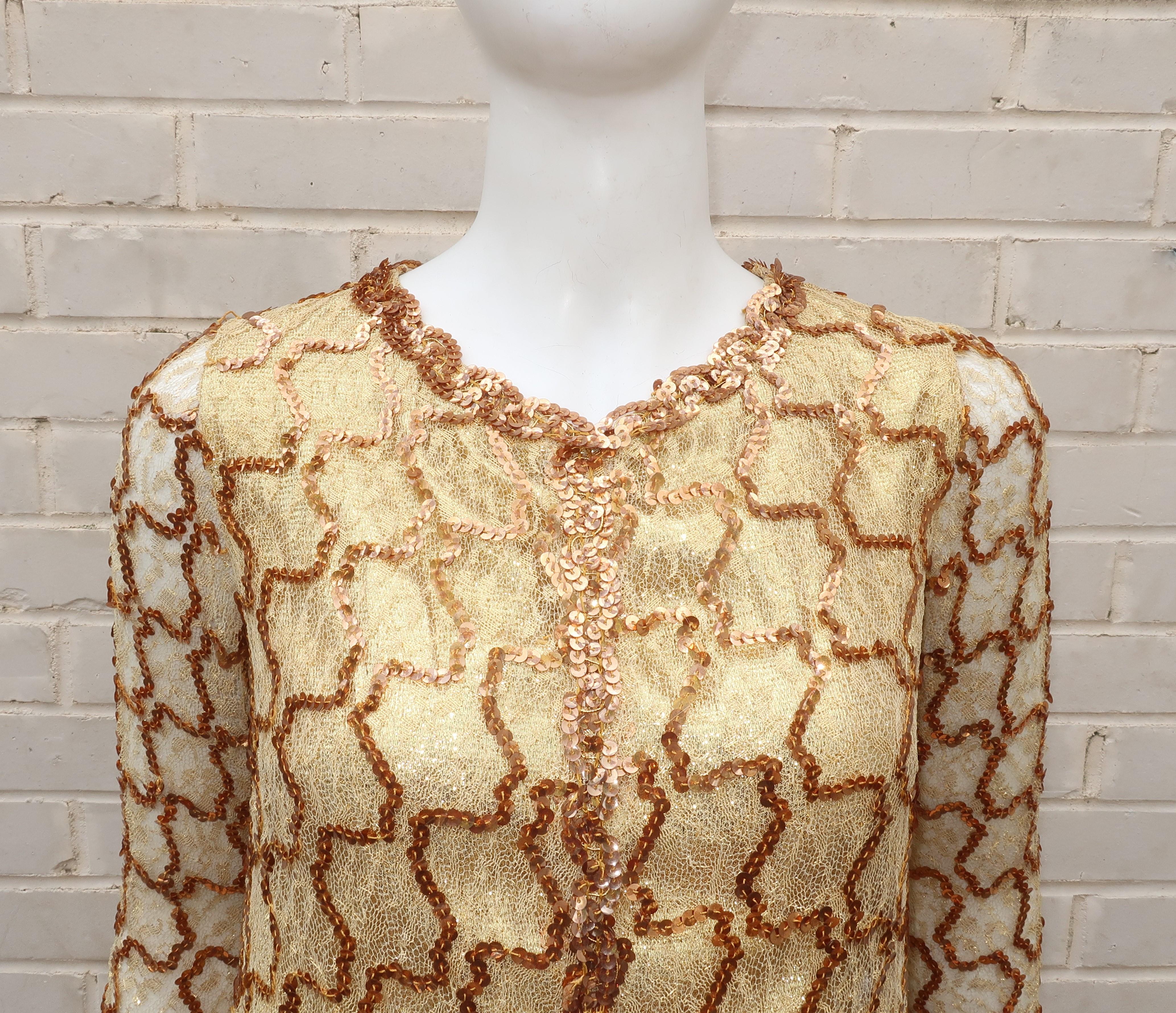 1960's Anne Fogarty Gold Lamé Dress With Trapeze Sequin & Lace Overlay In Good Condition In Atlanta, GA