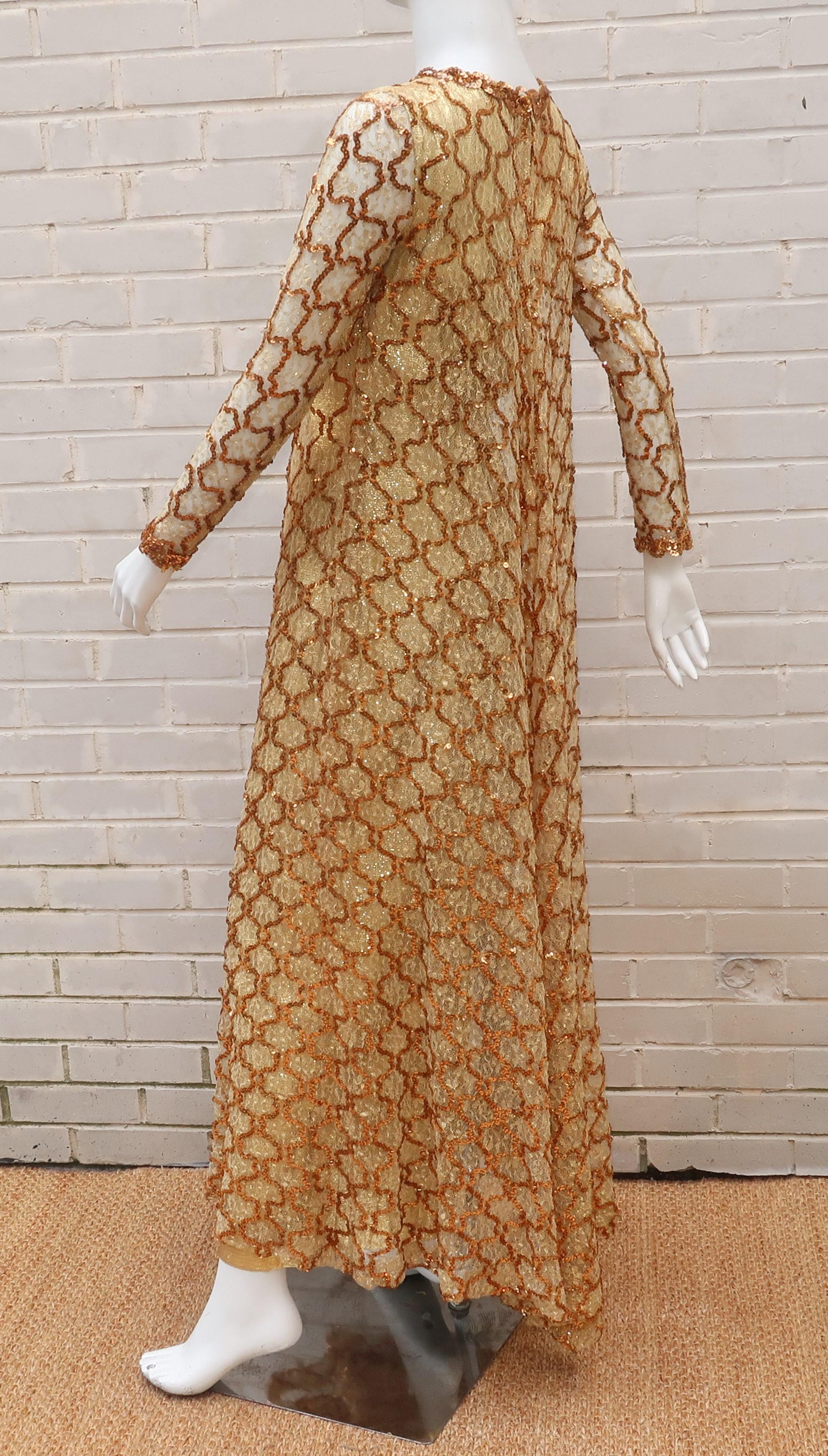 1960's Anne Fogarty Gold Lamé Dress With Trapeze Sequin & Lace Overlay 5