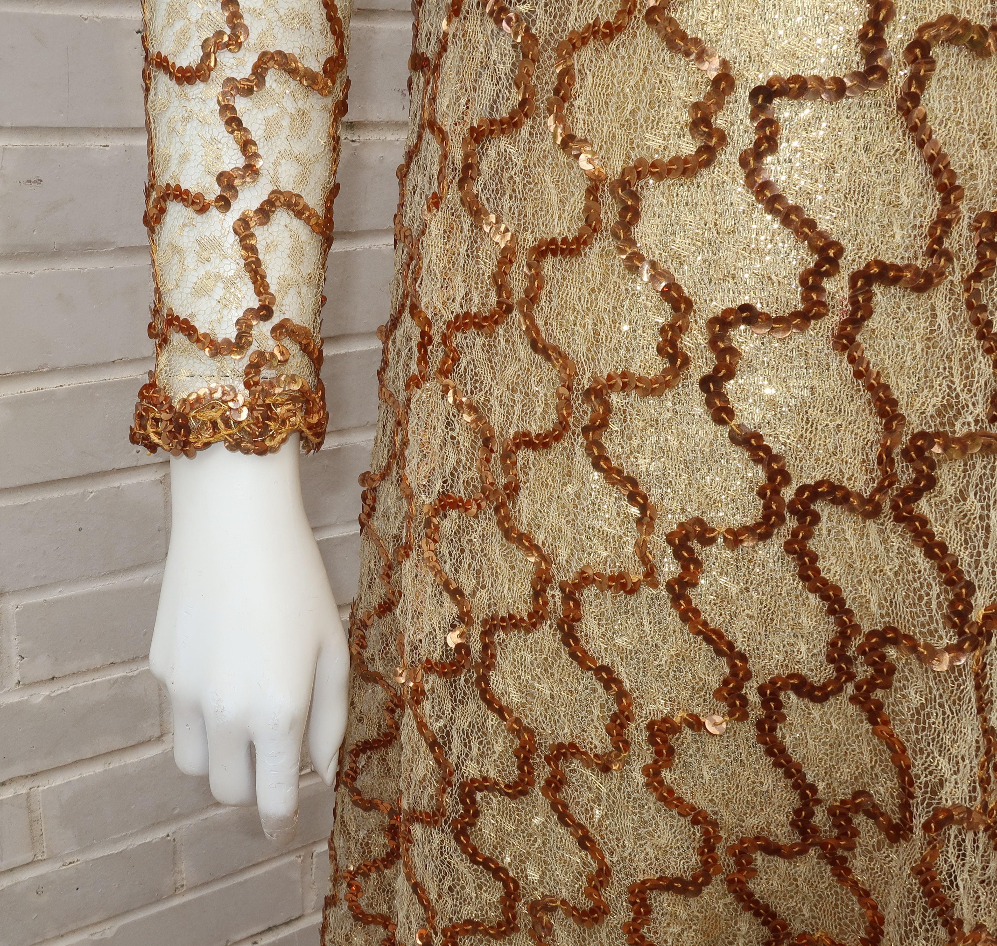 1960's Anne Fogarty Gold Lamé Dress With Trapeze Sequin & Lace Overlay 2