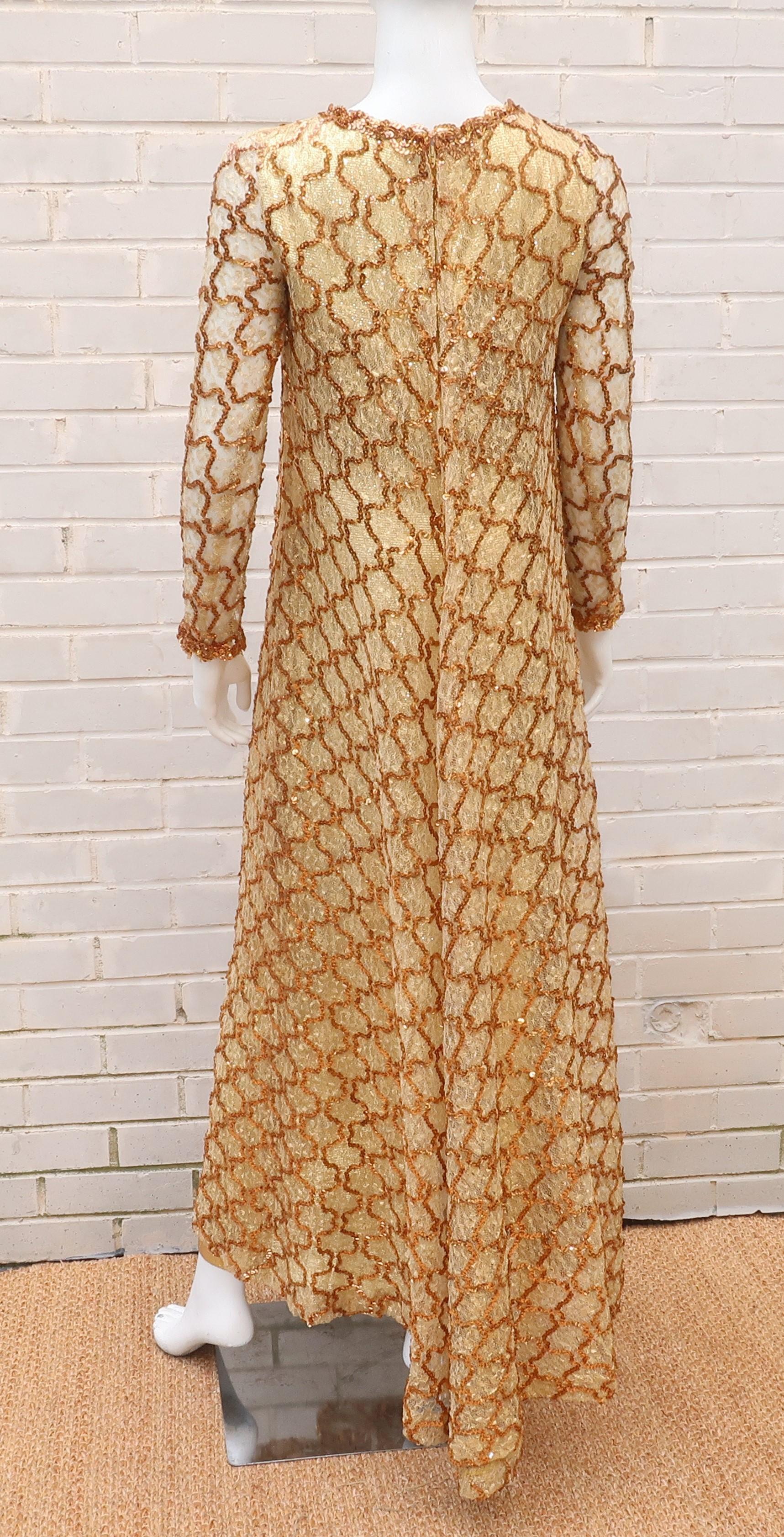 1960's Anne Fogarty Gold Lamé Dress With Trapeze Sequin & Lace Overlay 8
