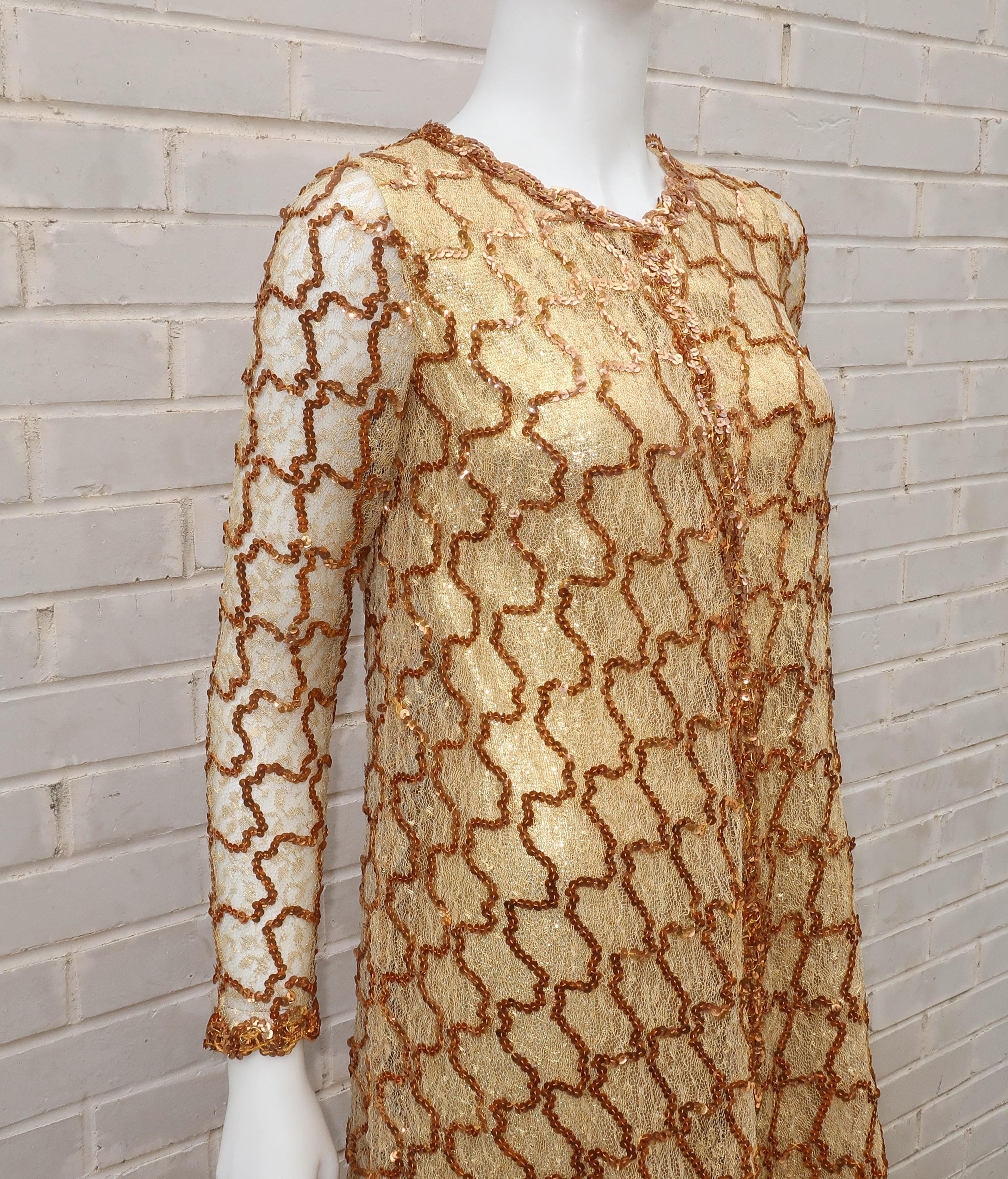 1960's Anne Fogarty Gold Lamé Dress With Trapeze Sequin & Lace Overlay 1