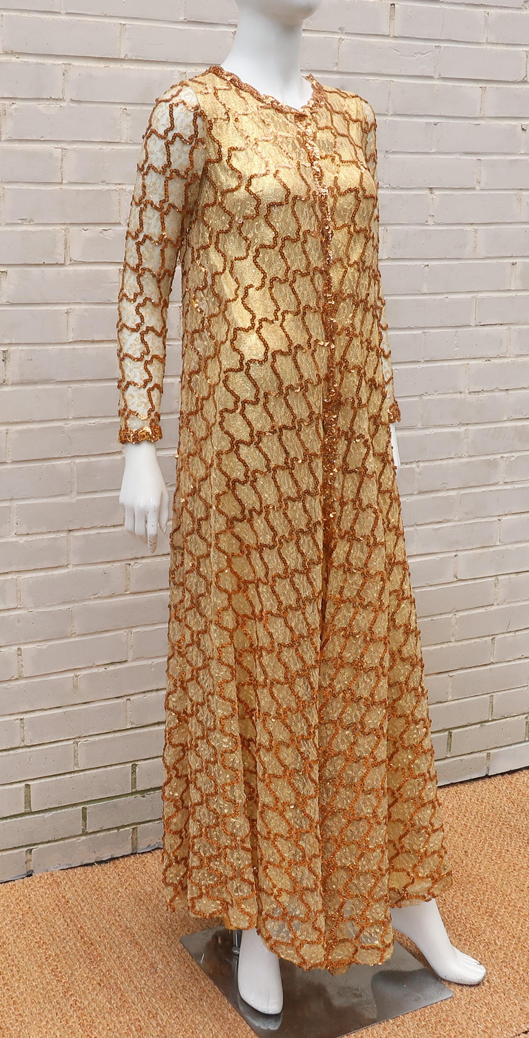 Women's 1960's Anne Fogarty Gold Lamé Dress With Trapeze Sequin & Lace Overlay