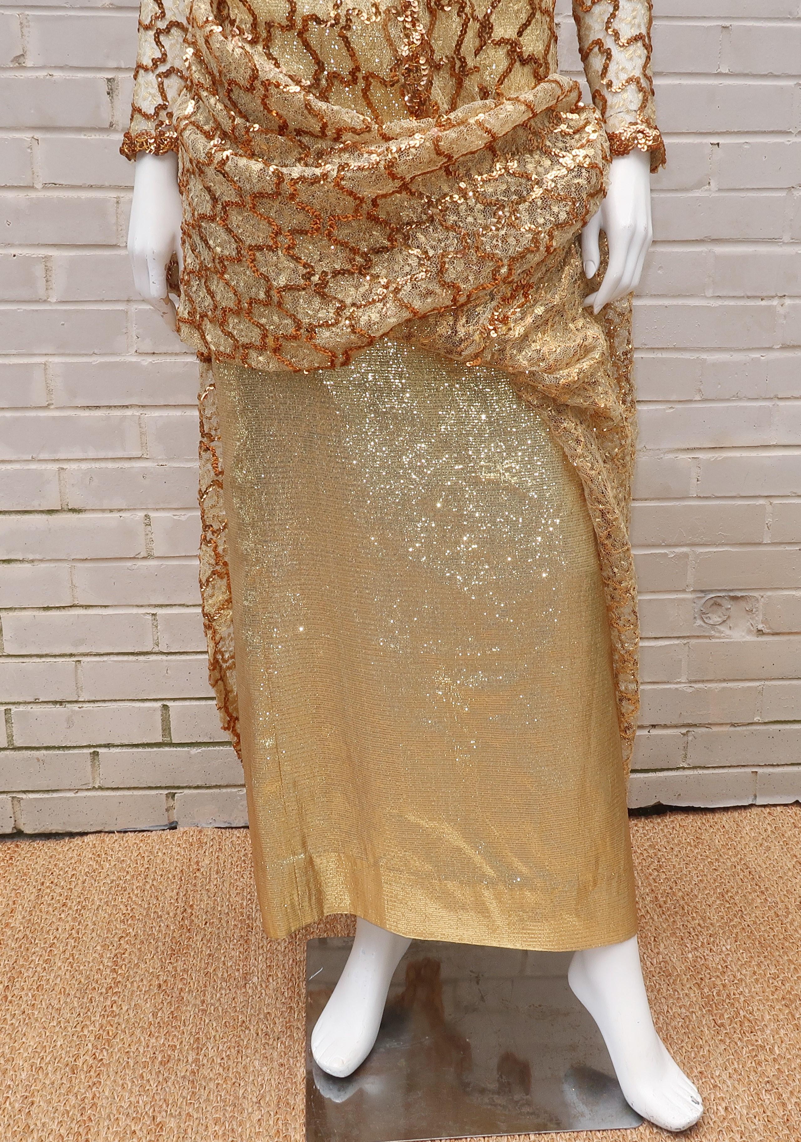 1960's Anne Fogarty Gold Lamé Dress With Trapeze Sequin & Lace Overlay 9