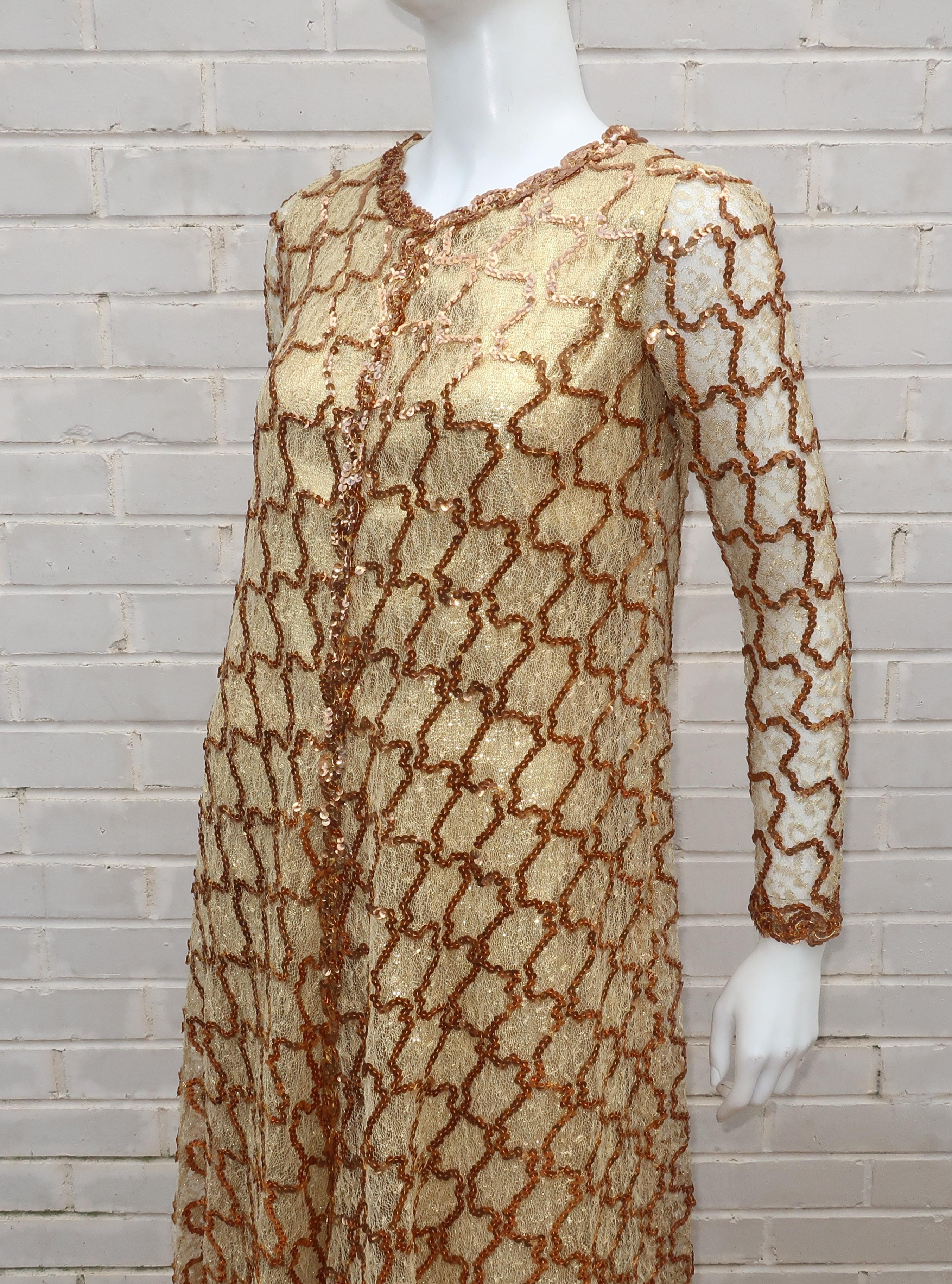 1960's Anne Fogarty Gold Lamé Dress With Trapeze Sequin & Lace Overlay 3