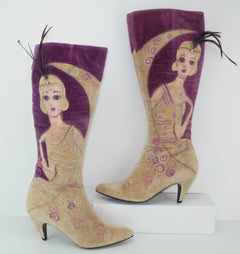 Hand Painted L'Autre Chose Velvet Flapper Girl Boots Sz 38